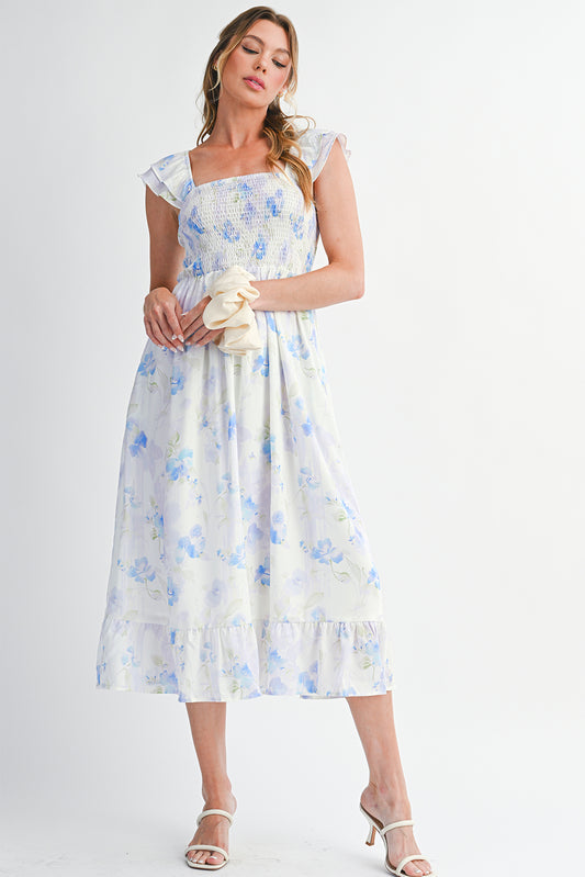 Sky Blue Floral Smocked High Waist Ruffle Sleeveless Long Dress