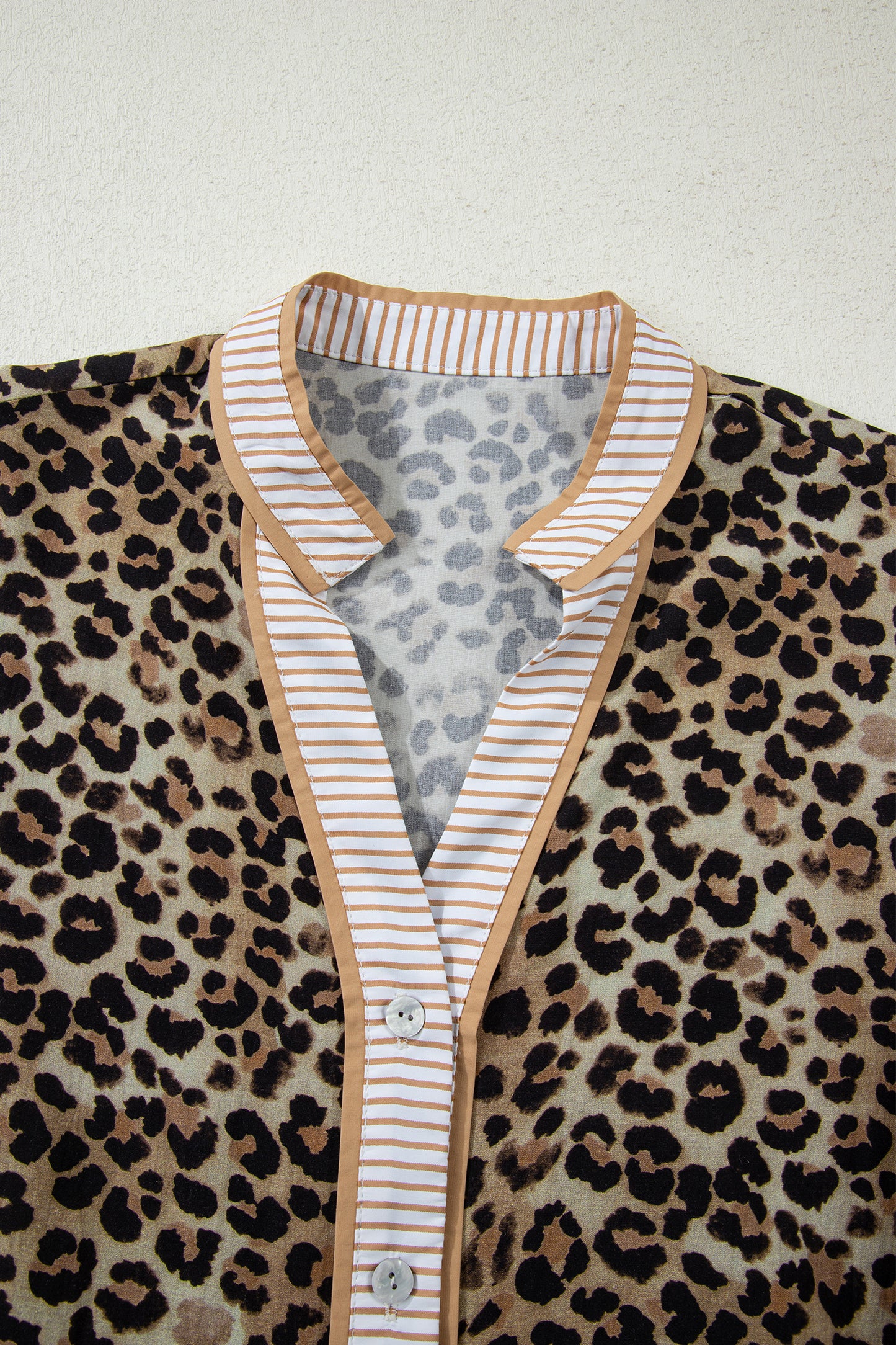 Khaki Contrast Striped Trim V Neck Leopard Shirt-Tops/Blouses & Shirts-[Adult]-[Female]-2022 Online Blue Zone Planet