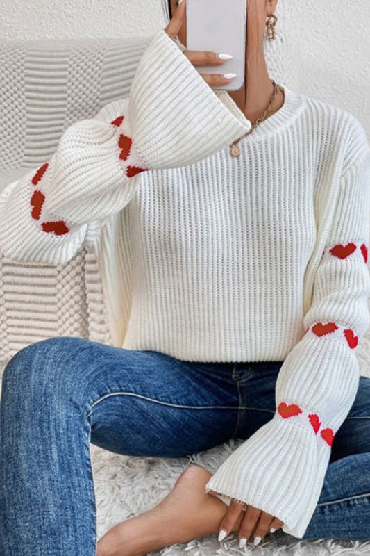 Heart Round Neck Long Sleeve Sweater-TOPS / DRESSES-[Adult]-[Female]-White-S-2022 Online Blue Zone Planet