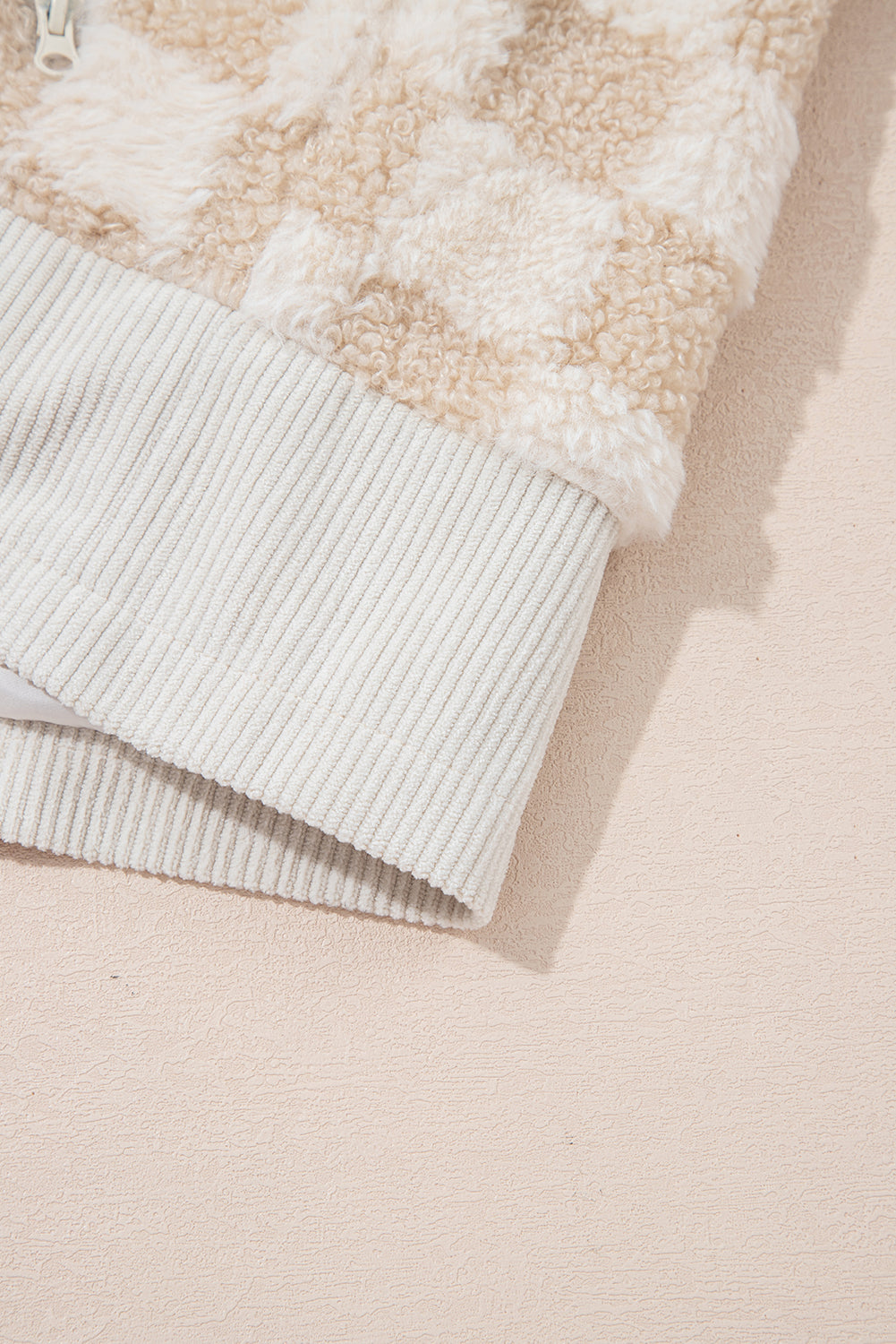 Khaki Checker Sherpa Corduroy Patchwork Zip up Collared Jacket-Outerwear/Jackets-[Adult]-[Female]-2022 Online Blue Zone Planet