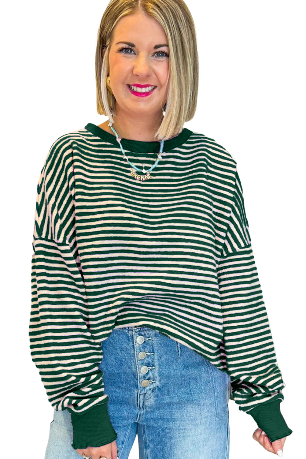 Blue Zone Planet | Green Stripe Drop Shoulder Long Sleeve Top-Long Sleeve Tops-[Adult]-[Female]-2022 Online Blue Zone Planet
