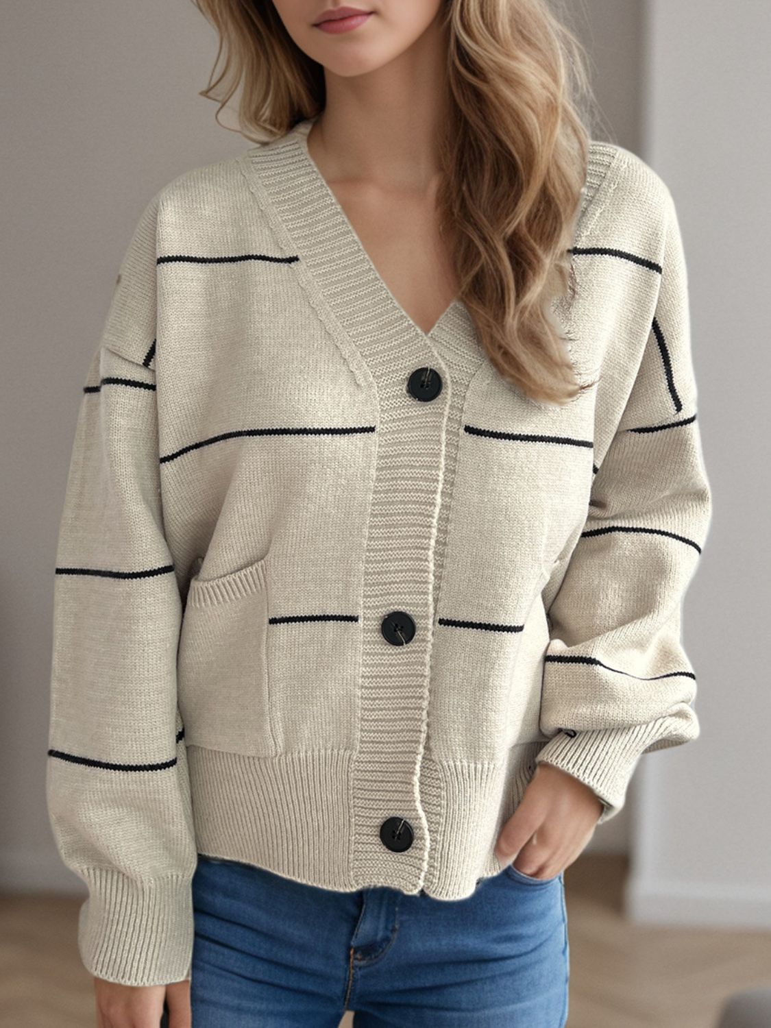 Blue Zone Planet | Striped Button Down V-Neck Long Sleeve Cardigan-TOPS / DRESSES-[Adult]-[Female]-Beige-One Size-2022 Online Blue Zone Planet