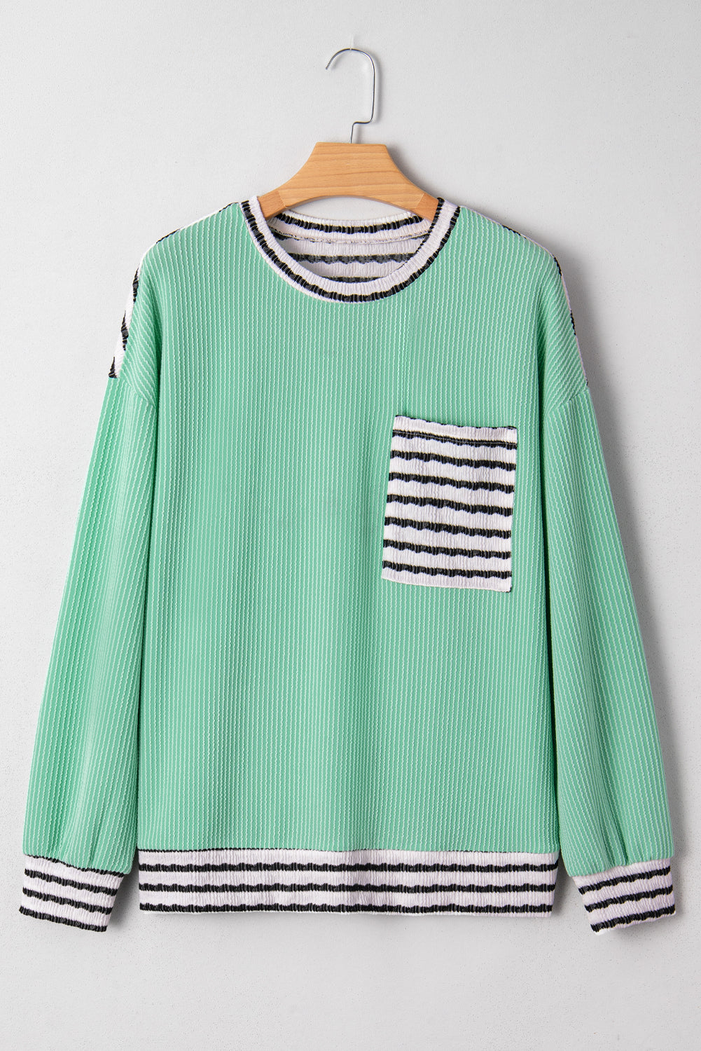 Sea Green Twisted Ribbed Contrast Round Neck Striped Patchwork Long Sleeve Top-Tops/Long Sleeve Tops-[Adult]-[Female]-2022 Online Blue Zone Planet