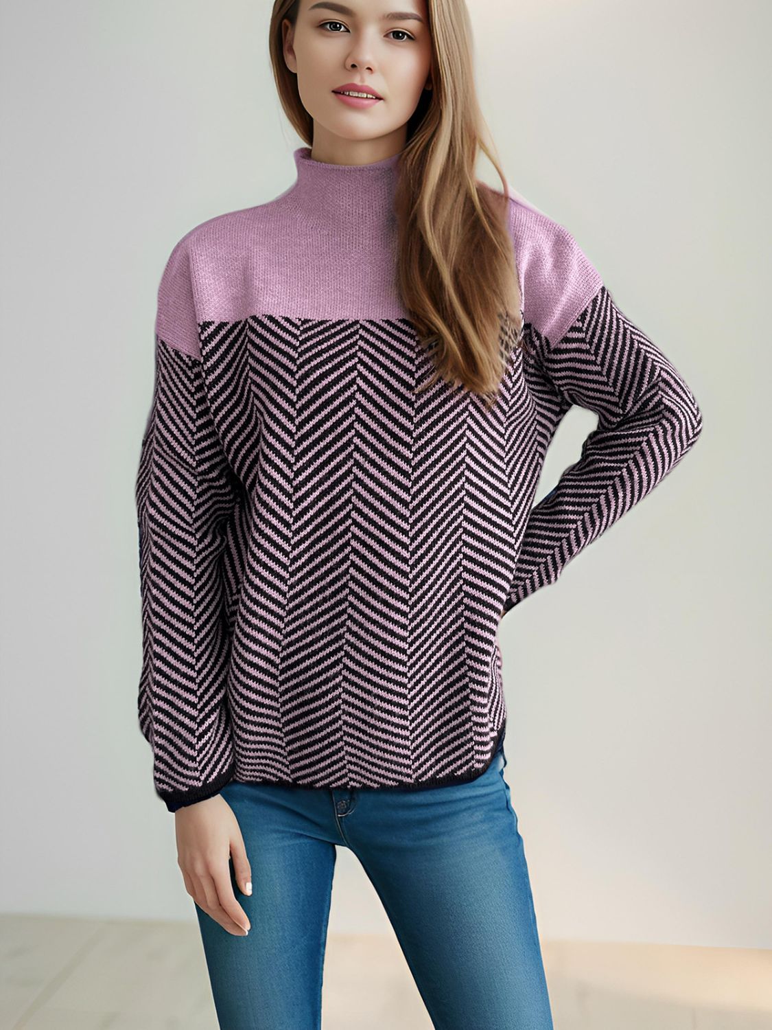 Contrast Turtleneck Long Sleeve Sweater-TOPS / DRESSES-[Adult]-[Female]-Lavender-One Size-2022 Online Blue Zone Planet