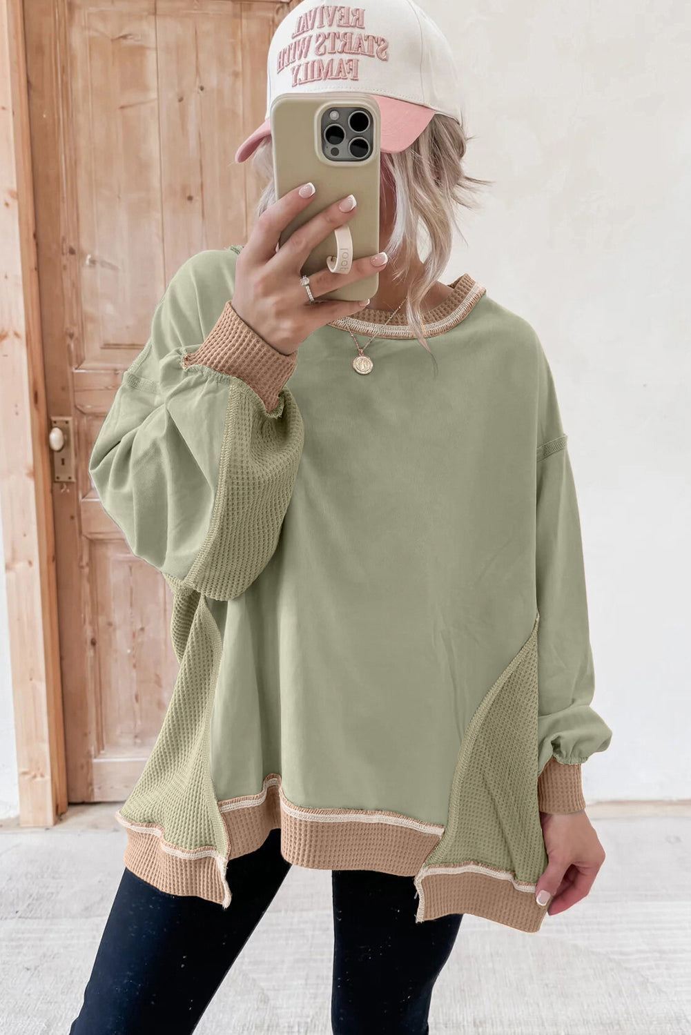 Smoke Green Color Block Mix Texture Waffle Patchwork Oversize Sweatshirt-Tops/Sweatshirts & Hoodies-[Adult]-[Female]-2022 Online Blue Zone Planet