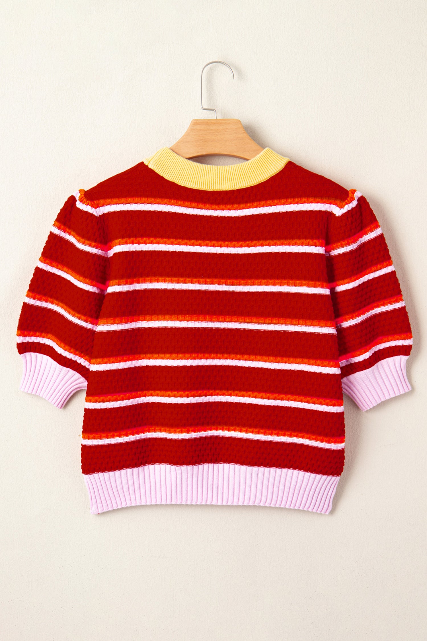 Red Stripe Colorblock Trim Half Sleeve Sweater Top-TOPS / DRESSES-[Adult]-[Female]-2022 Online Blue Zone Planet
