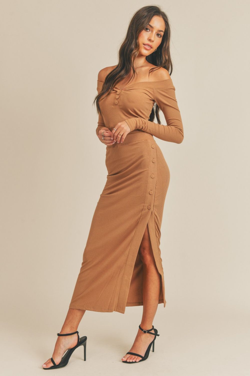 MABLE Button Detail Crop Top and Slit Midi Skirt Set-TOPS / DRESSES-[Adult]-[Female]-Dusty Brown-S-2022 Online Blue Zone Planet