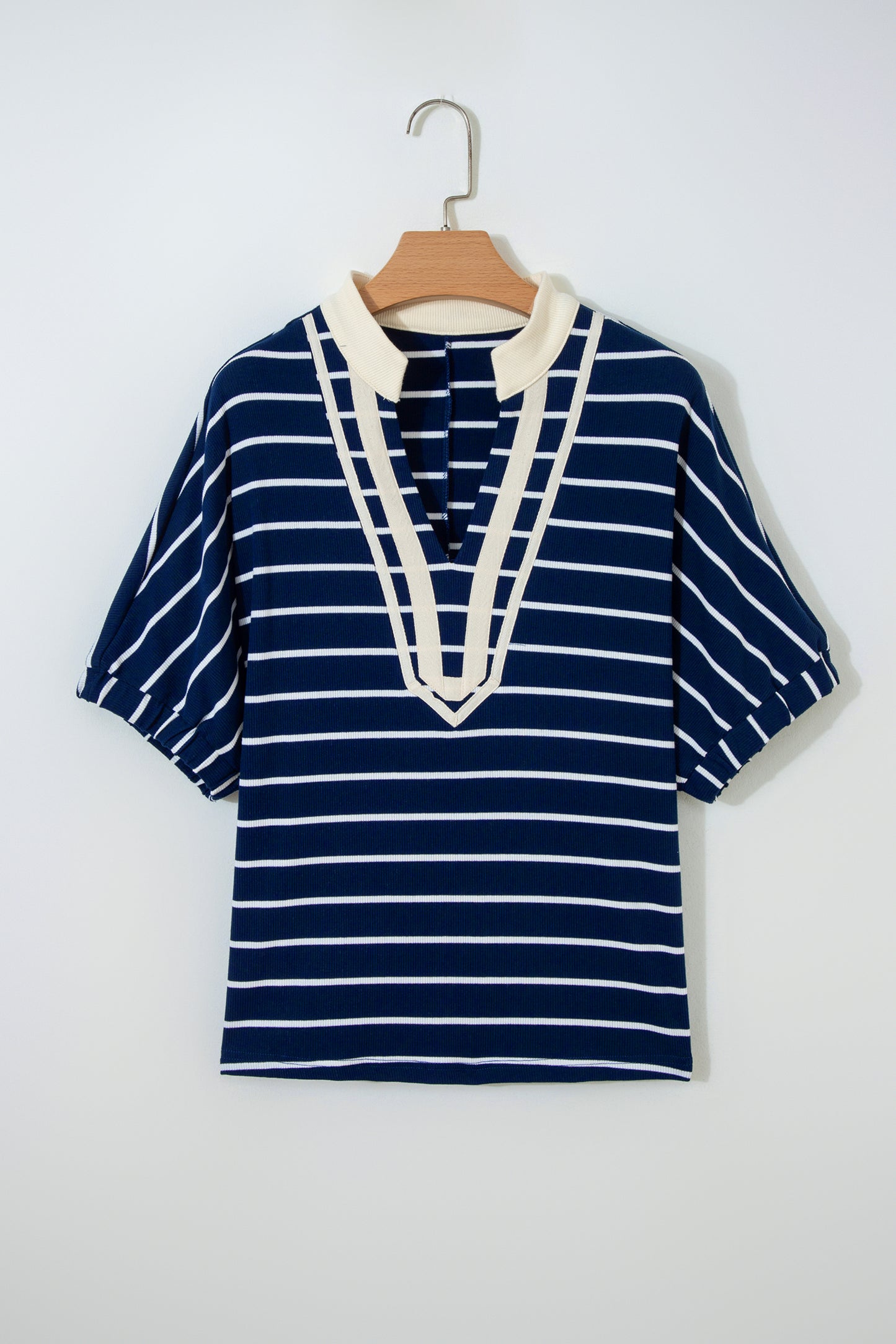 Blue Stripe Stand Collar V Neck Elastic Cuffs Half Sleeve Dolman Top-Tops/Tops & Tees-[Adult]-[Female]-2022 Online Blue Zone Planet