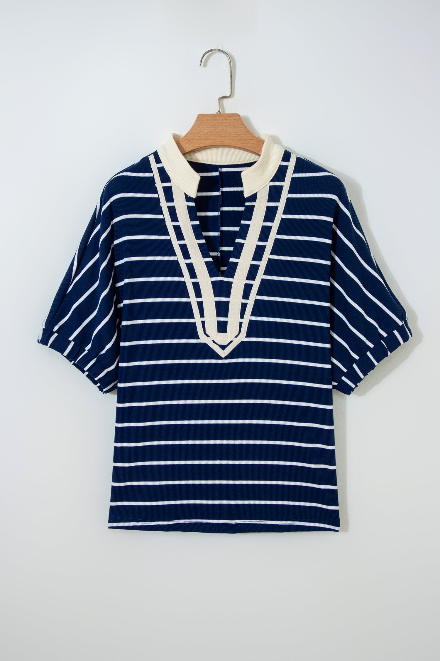 Blue Stripe Stand Collar V Neck Elastic Cuffs Half Sleeve Dolman Top-Tops/Tops & Tees-[Adult]-[Female]-2022 Online Blue Zone Planet