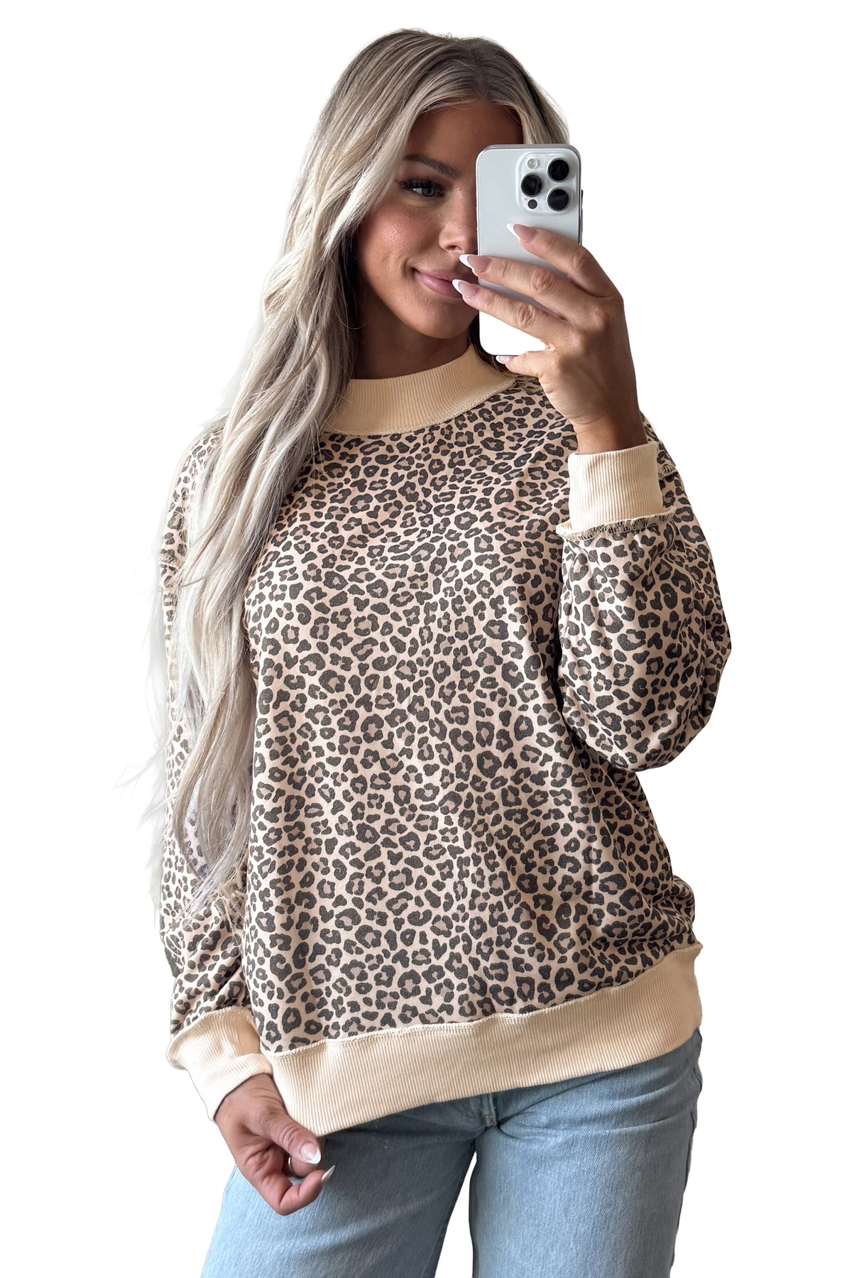 Multicolour Leopard Print High Neck Long Sleeve Ribbed Cuffs Hem Sweatshirt-Tops/Sweatshirts & Hoodies-[Adult]-[Female]-2022 Online Blue Zone Planet