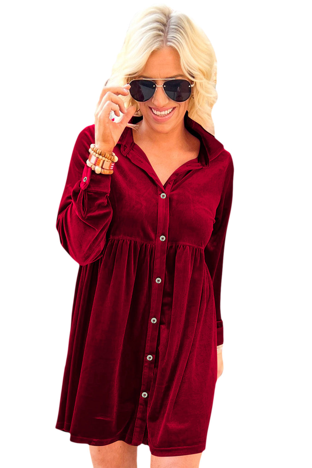 Blue Zone Planet | Fiery Red Long Sleeve Ruffle Velvet Button Up Dress-TOPS / DRESSES-[Adult]-[Female]-2022 Online Blue Zone Planet