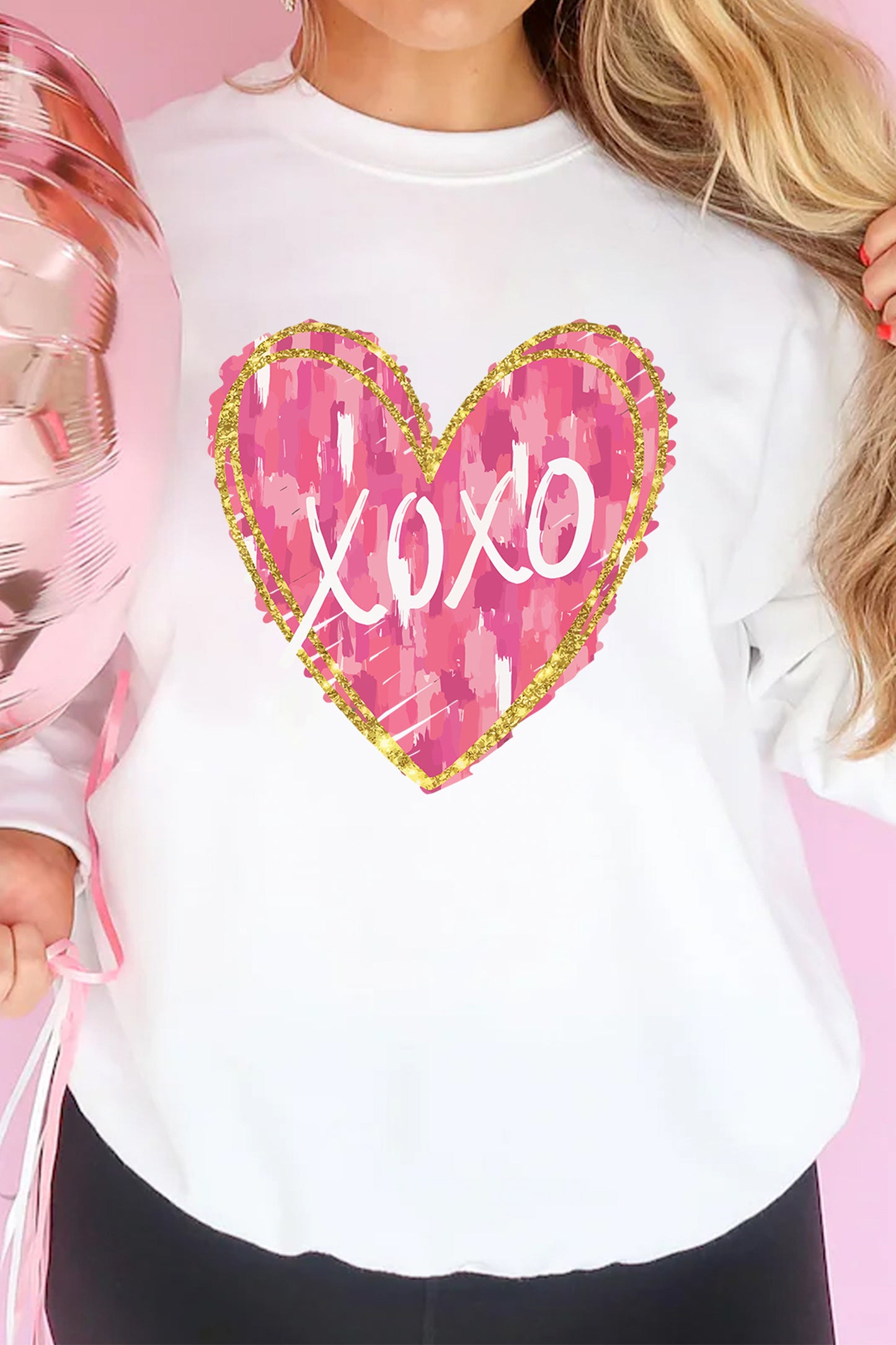 White xoxo Glitter Trim Brushstroke Heart Printed Pullover Sweatshirt-Graphic Sweatshirts-[Adult]-[Female]-White-2XL-2022 Online Blue Zone Planet