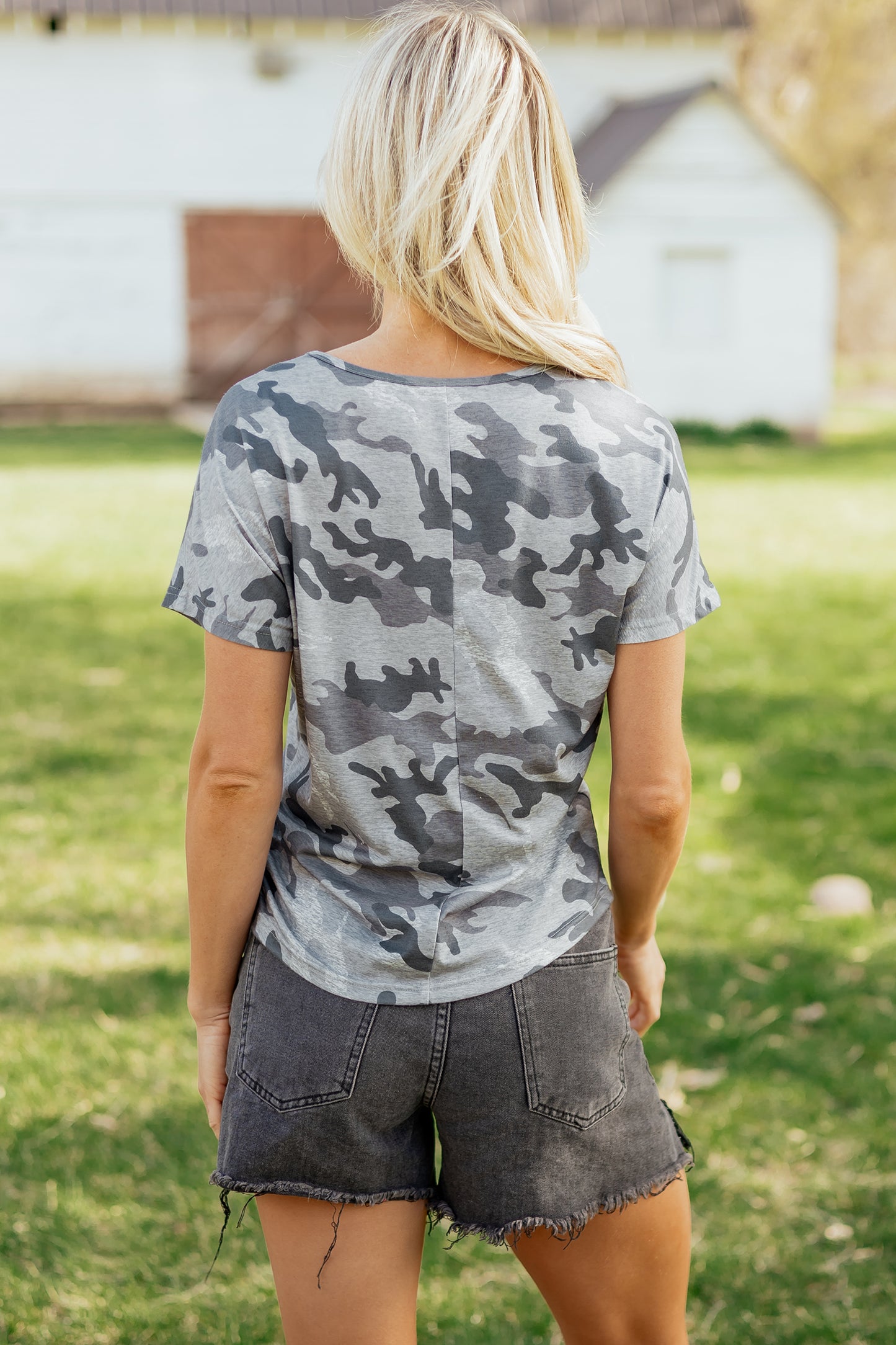 Gray Camouflage Print Round Neck T Shirt-Tops/Tops & Tees-[Adult]-[Female]-2022 Online Blue Zone Planet