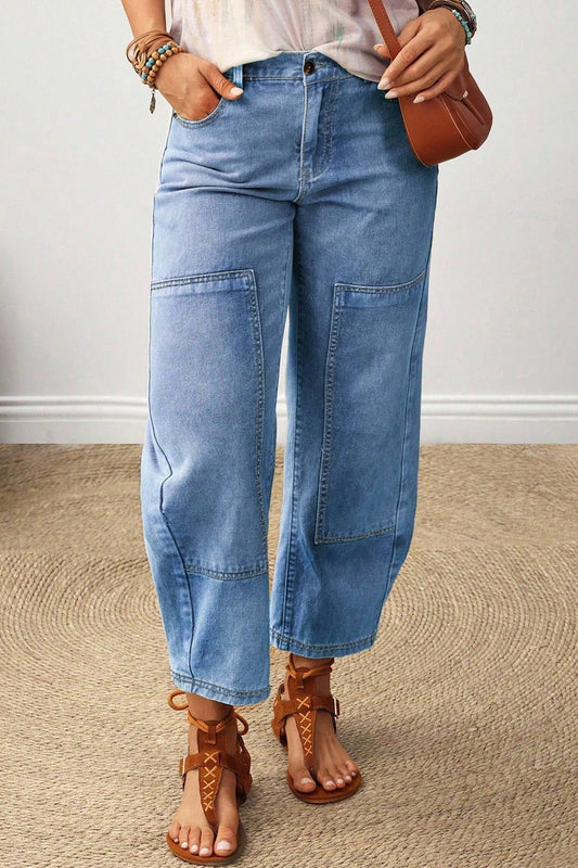 Beau Blue Decorative Seam Patchwork Detail Solid Color Jeans-Bottoms/Jeans-[Adult]-[Female]-Beau Blue-4-2022 Online Blue Zone Planet