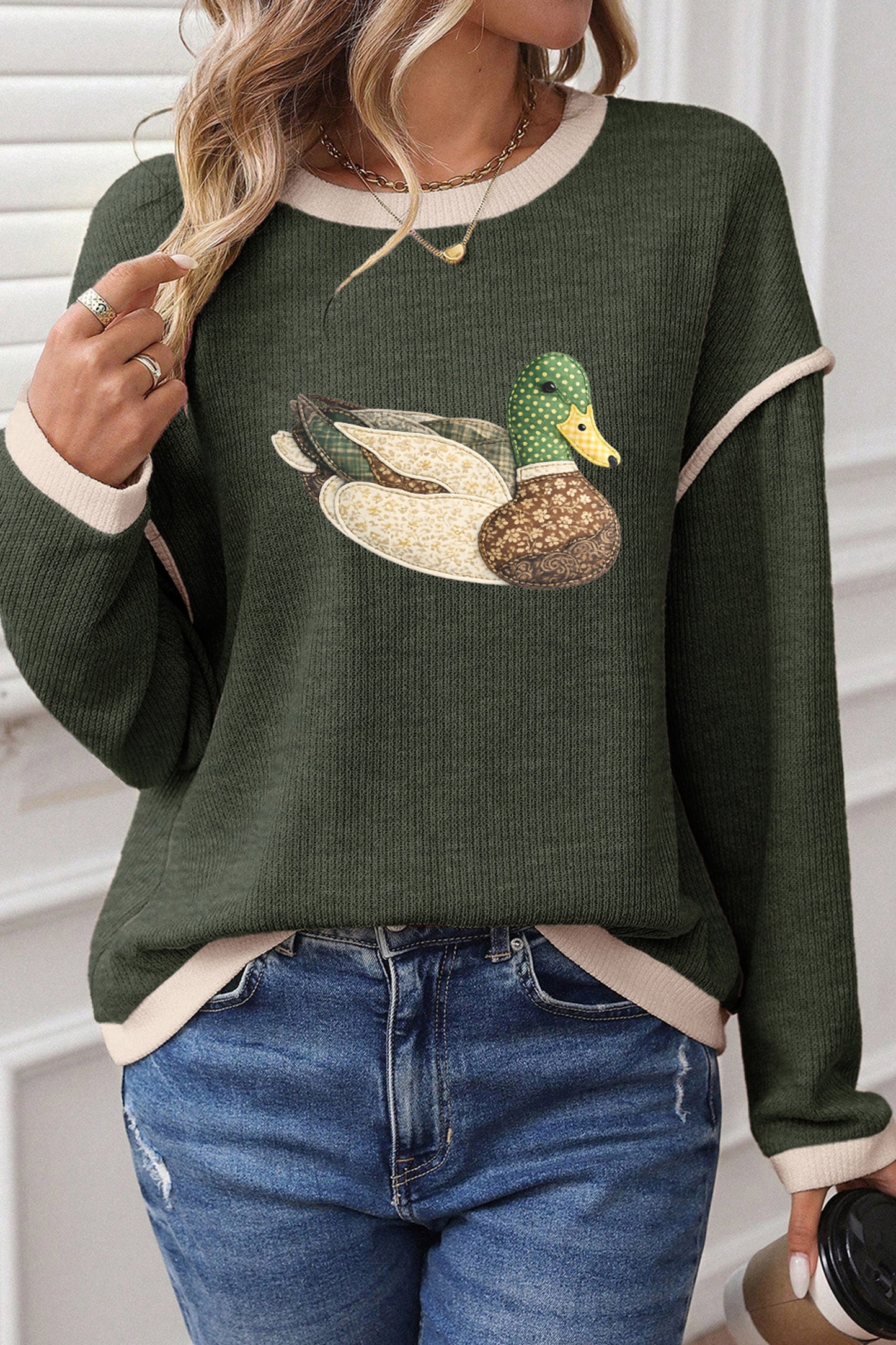 Four Leaf Clover Mallard Duck Graphic Contrast Trim Patchwork Casual Knit Top-Graphic/Graphic Long Sleeve Tees-[Adult]-[Female]-2022 Online Blue Zone Planet