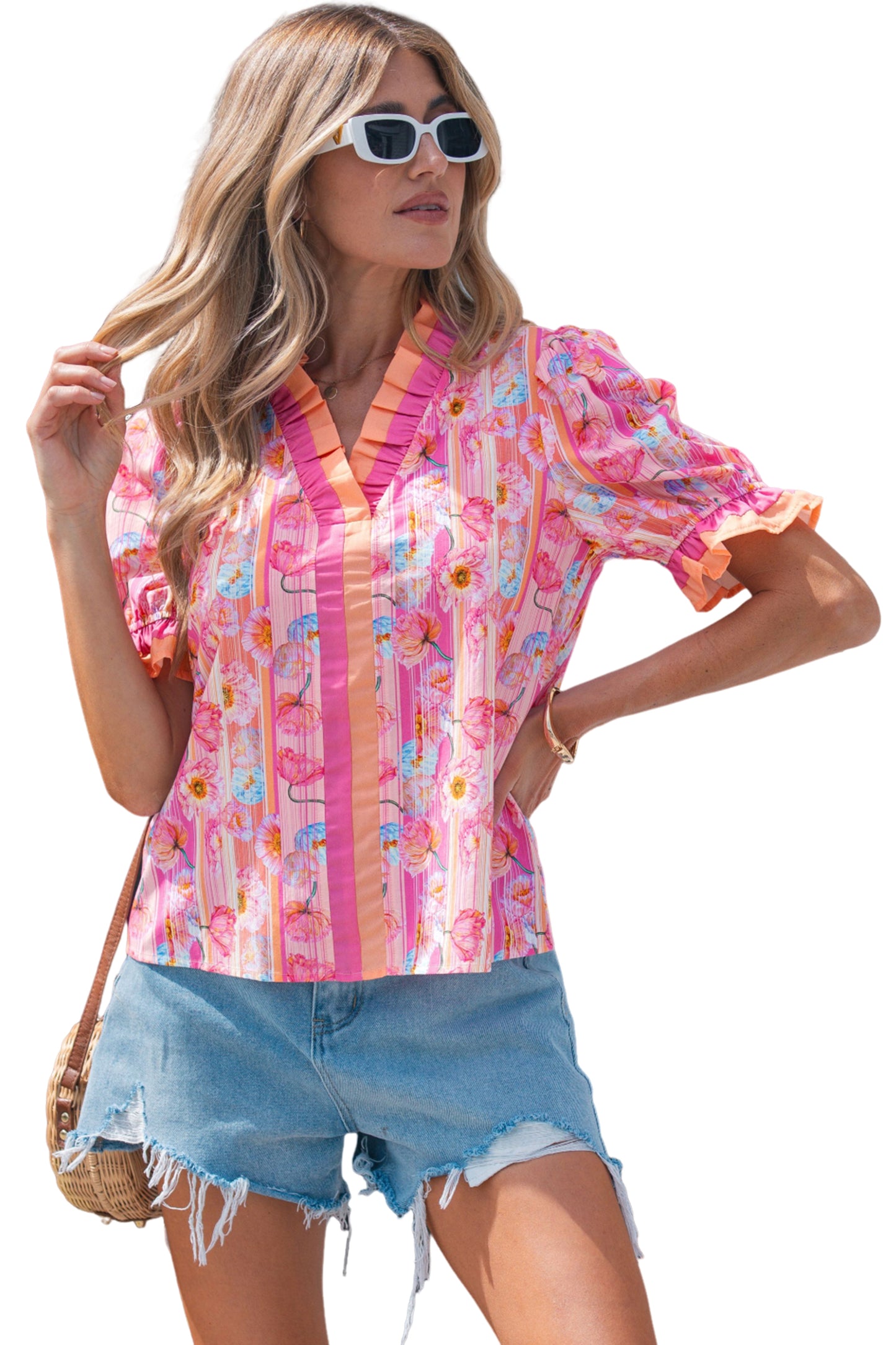 Pink Poppy Flower Striped Print Color Block Trim V Neck Short Sleeve Blouse-Tops/Blouses & Shirts-[Adult]-[Female]-2022 Online Blue Zone Planet