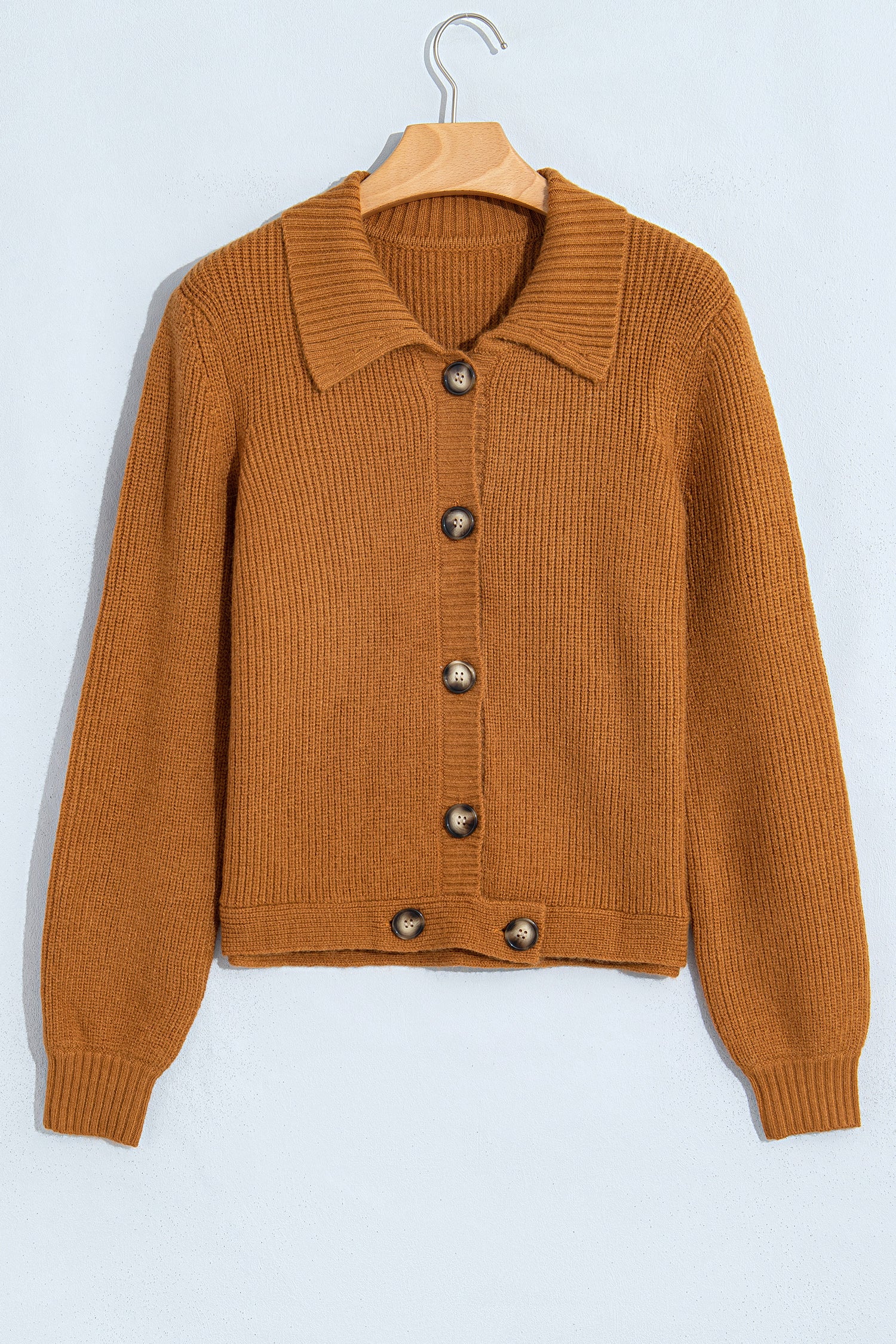 Mustard Ribbed Knit Collar Button Front Long Sleeve Cardigan-Sweaters & Cardigans/Cardigans-[Adult]-[Female]-2022 Online Blue Zone Planet