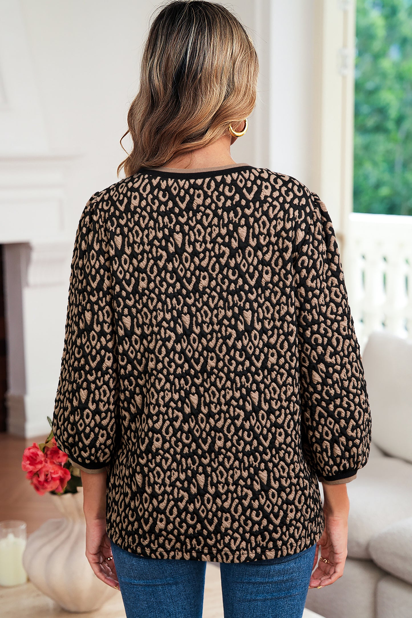 Black Leopard Print Puffy Bracelet Sleeve Contrast Trim Round Neck Top-Bracelet-[Adult]-[Female]-2022 Online Blue Zone Planet