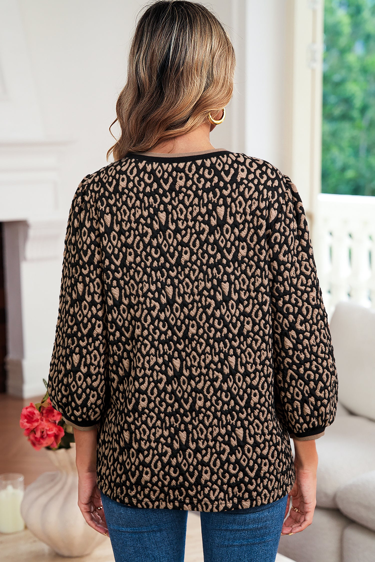 Black Leopard Print Puffy Bracelet Sleeve Contrast Trim Round Neck Top-Bracelet-[Adult]-[Female]-2022 Online Blue Zone Planet