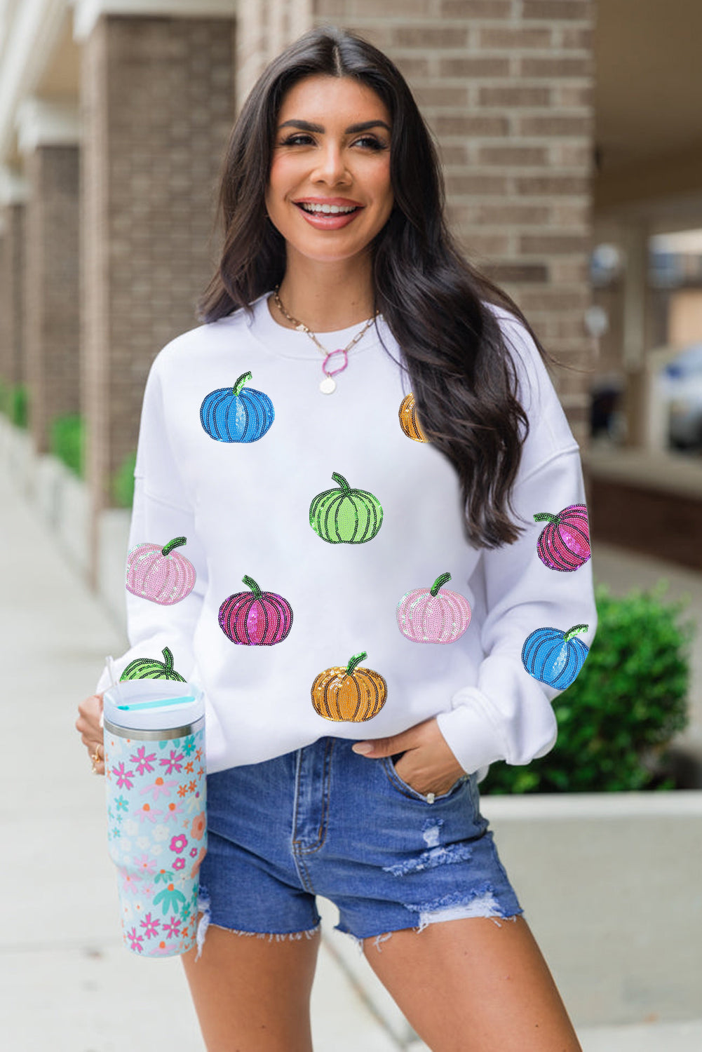 White Colorful Pumpkin Sequin Patched Drop Shoulder Sweatshirt-Graphic/Graphic Sweatshirts-[Adult]-[Female]-2022 Online Blue Zone Planet