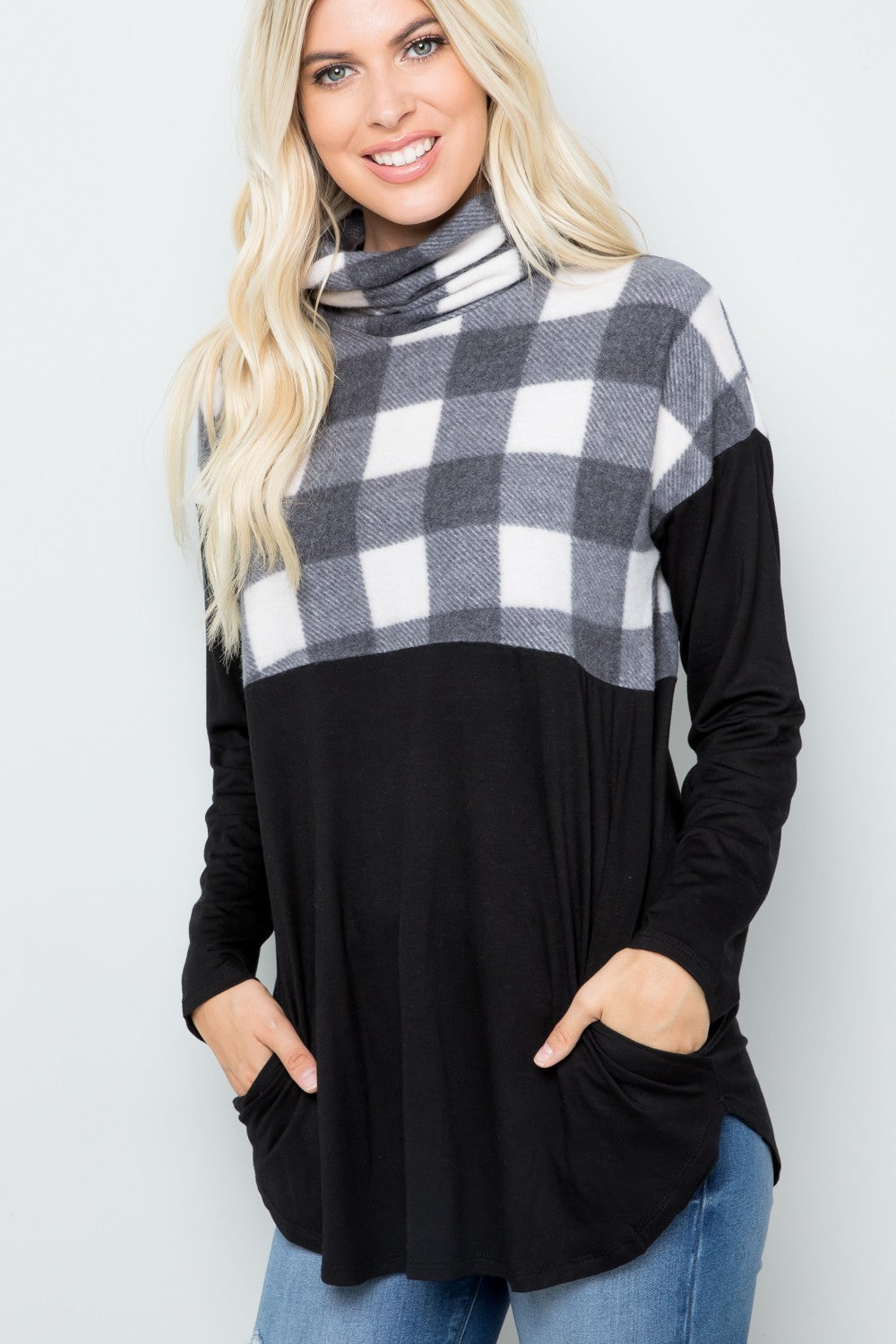 Blue Zone Planet | Celeste Full Szie Pocketed Plaid Turtleneck Long Sleeve Blouse-TOPS / DRESSES-[Adult]-[Female]-2022 Online Blue Zone Planet