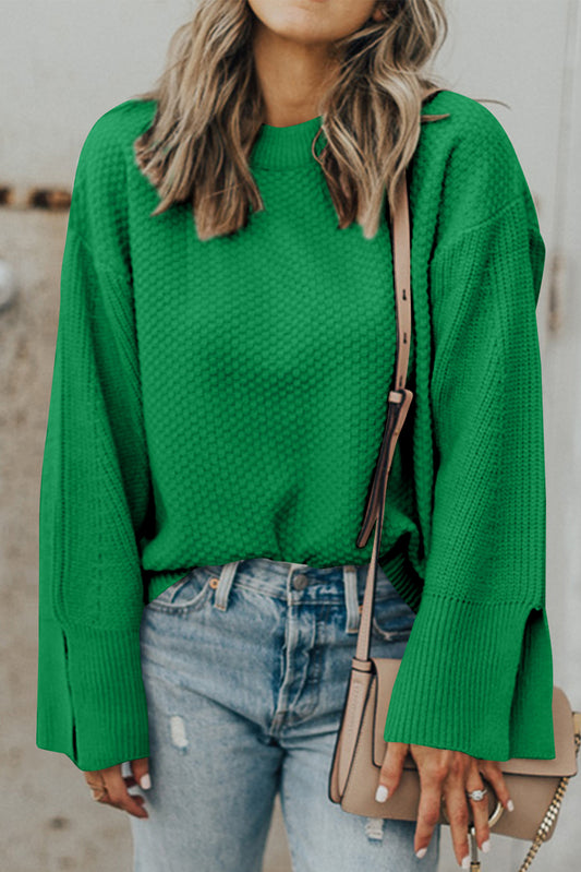 Dark Green Solid Textured Knit Split Cuff Drop Shoulder Loose Sweater-Sweaters & Cardigans/Sweaters-[Adult]-[Female]-Dark Green-S-2022 Online Blue Zone Planet