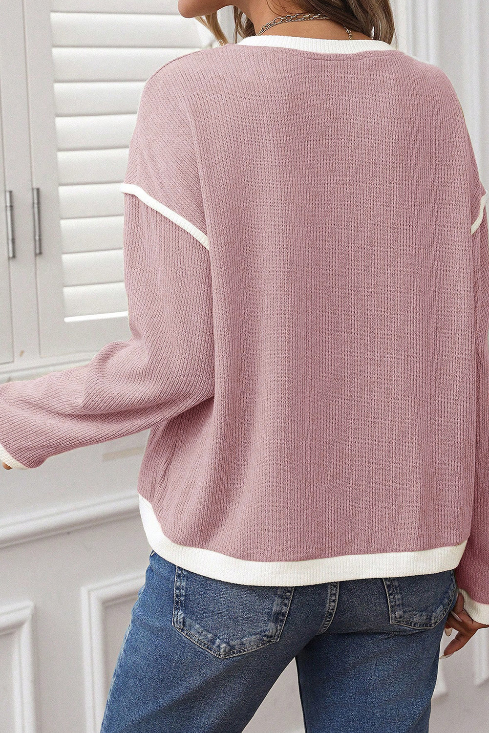 Light Pink Contrast Trim Knitted Drop Shoulder Plus Size Top-Plus Size/Plus Size Tops/Plus Size Long Sleeve Tops-[Adult]-[Female]-2022 Online Blue Zone Planet