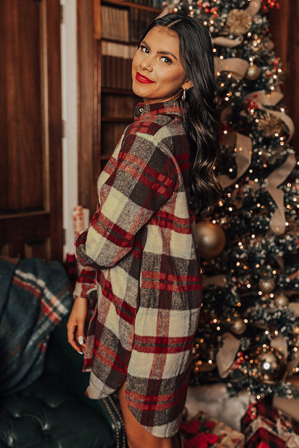 Red Brushed Plaid Buttoned Front Side Slit Tunic Shacket-Outerwear/Plaid Shackets-[Adult]-[Female]-2022 Online Blue Zone Planet