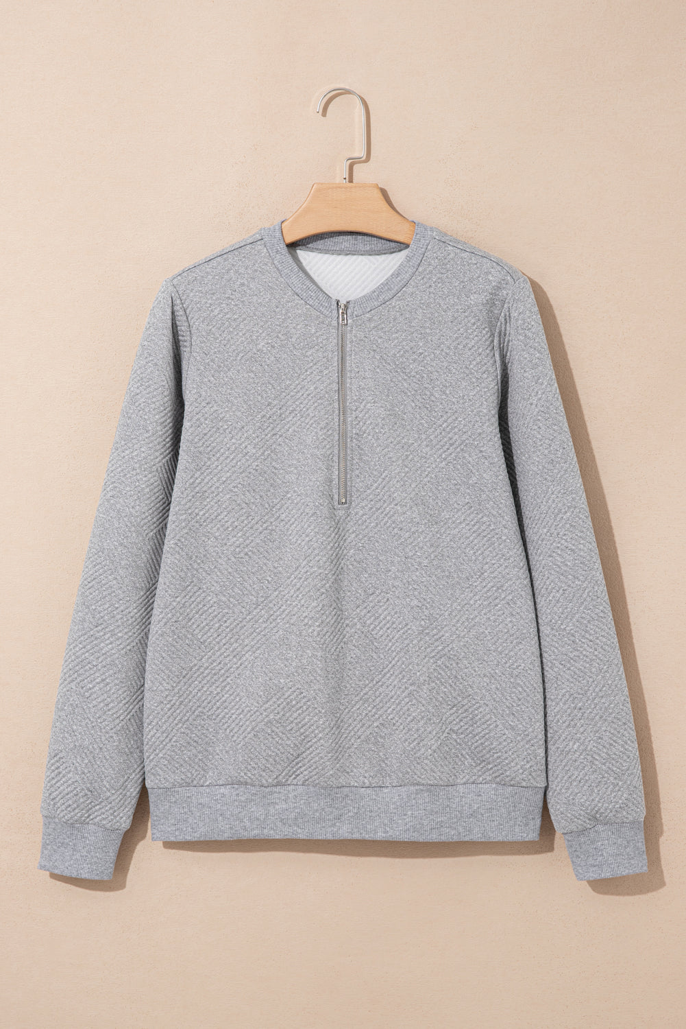 Medium Grey Trendy Textured Half Zip Loose Sweatshirt-Tops/Sweatshirts & Hoodies-[Adult]-[Female]-2022 Online Blue Zone Planet