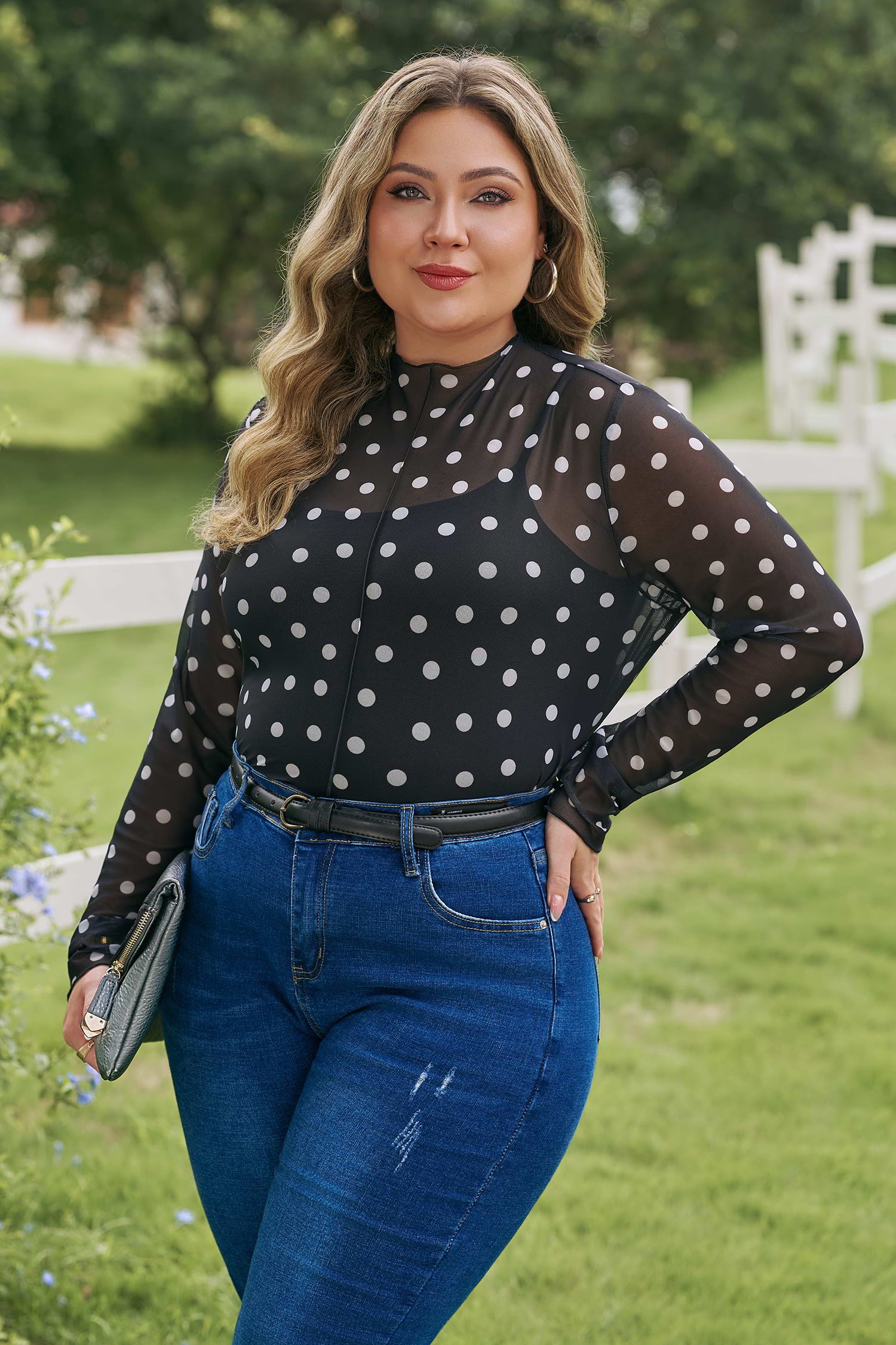 Black Plus Size Mock Neck Polka Dot Long Sleeve Mesh Top-Plus Size/Plus Size Tops/Plus Size Long Sleeve Tops-[Adult]-[Female]-2022 Online Blue Zone Planet
