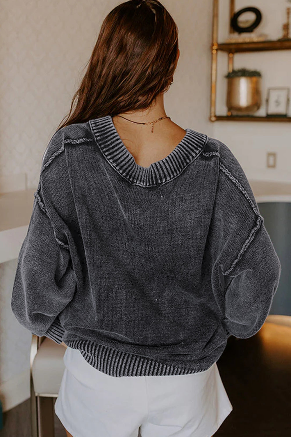 Black Mineral Wash V Neck Knit Exposed Seam Drop Shoulder Loose Sweater-TOPS / DRESSES-[Adult]-[Female]-2022 Online Blue Zone Planet