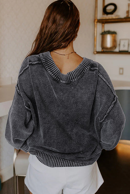 Black Mineral Wash V Neck Knit Exposed Seam Drop Shoulder Loose Sweater-TOPS / DRESSES-[Adult]-[Female]-2022 Online Blue Zone Planet