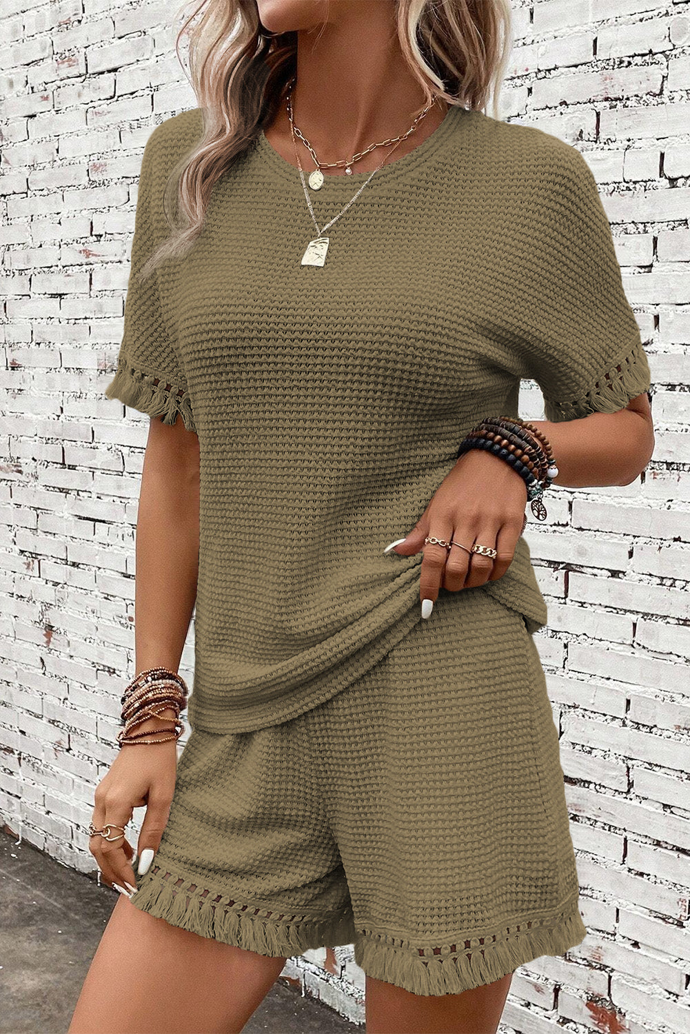 Laurel Green Fringe Trim Textured Short Two Piece Set-Two Piece Sets/Short Sets-[Adult]-[Female]-2022 Online Blue Zone Planet