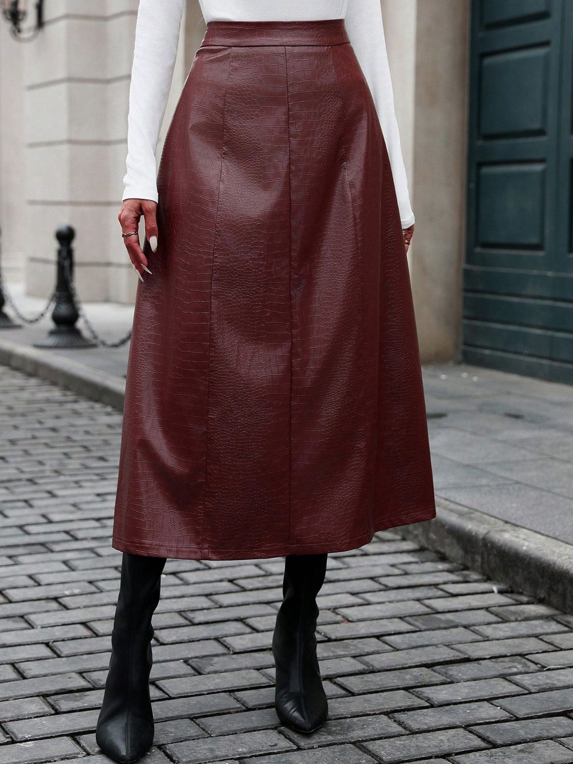 High Waist Midi Skirt-BOTTOMS SIZES SMALL MEDIUM LARGE-[Adult]-[Female]-Burgundy-XS-2022 Online Blue Zone Planet