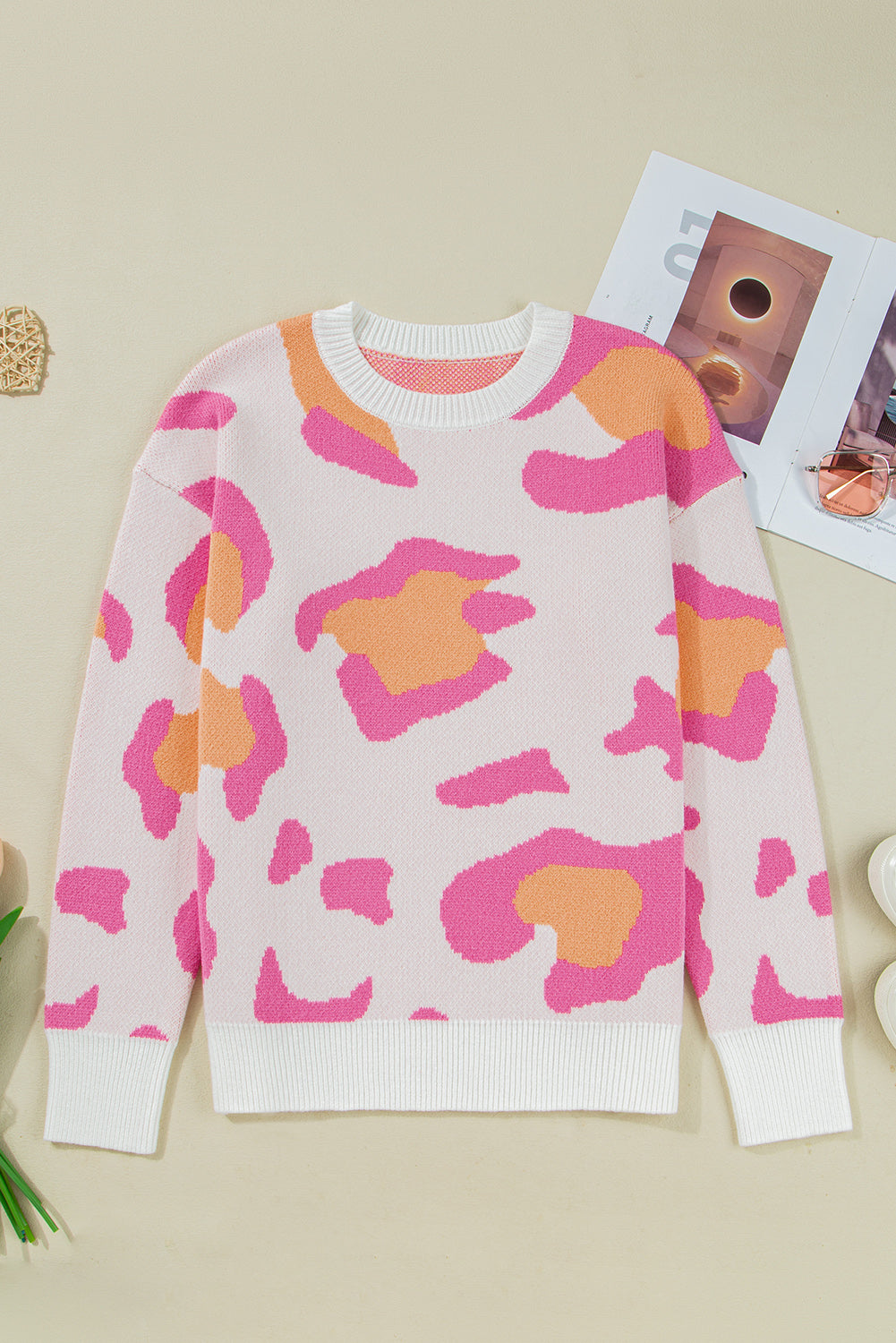 Sachet Pink Playful Leopard Print Drop Shoulder Baggy Sweater-Sweaters & Cardigans/Sweaters-[Adult]-[Female]-2022 Online Blue Zone Planet