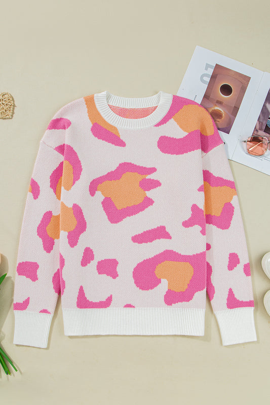 Sachet Pink Playful Leopard Print Drop Shoulder Baggy Sweater-Sweaters & Cardigans/Sweaters-[Adult]-[Female]-2022 Online Blue Zone Planet