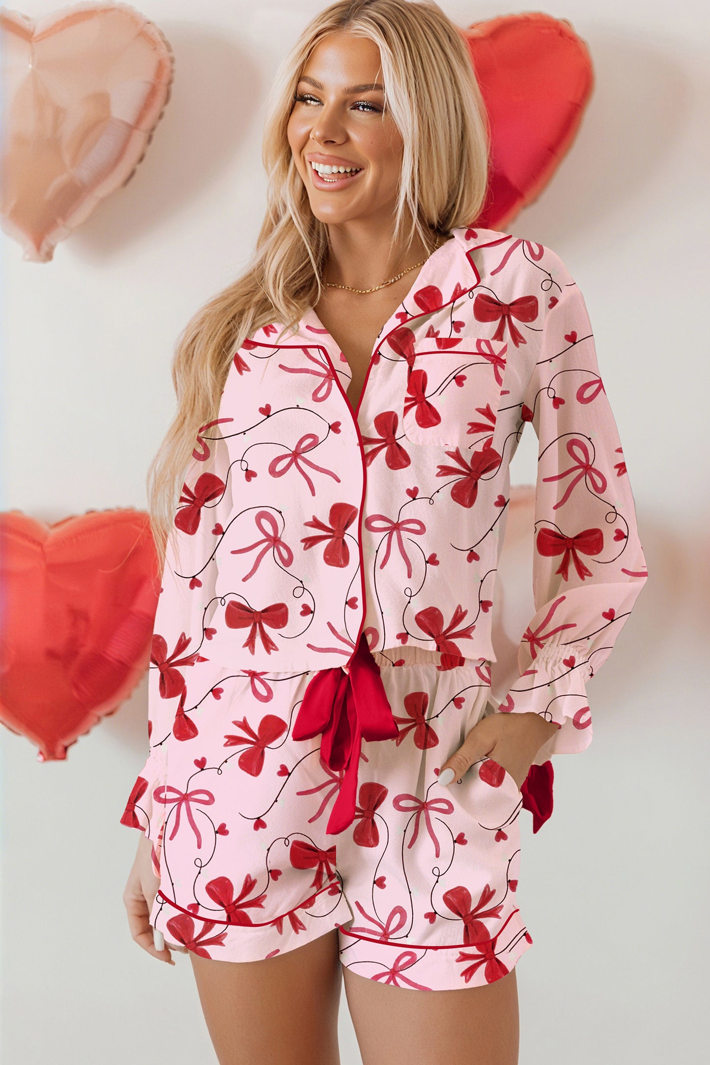 Red Bow Print Valentine Long Sleeve Shirt Shorts 2 Pcs Pajama Set-Loungewear & Sleepwear/Sleepwear-[Adult]-[Female]-Red-S-2022 Online Blue Zone Planet