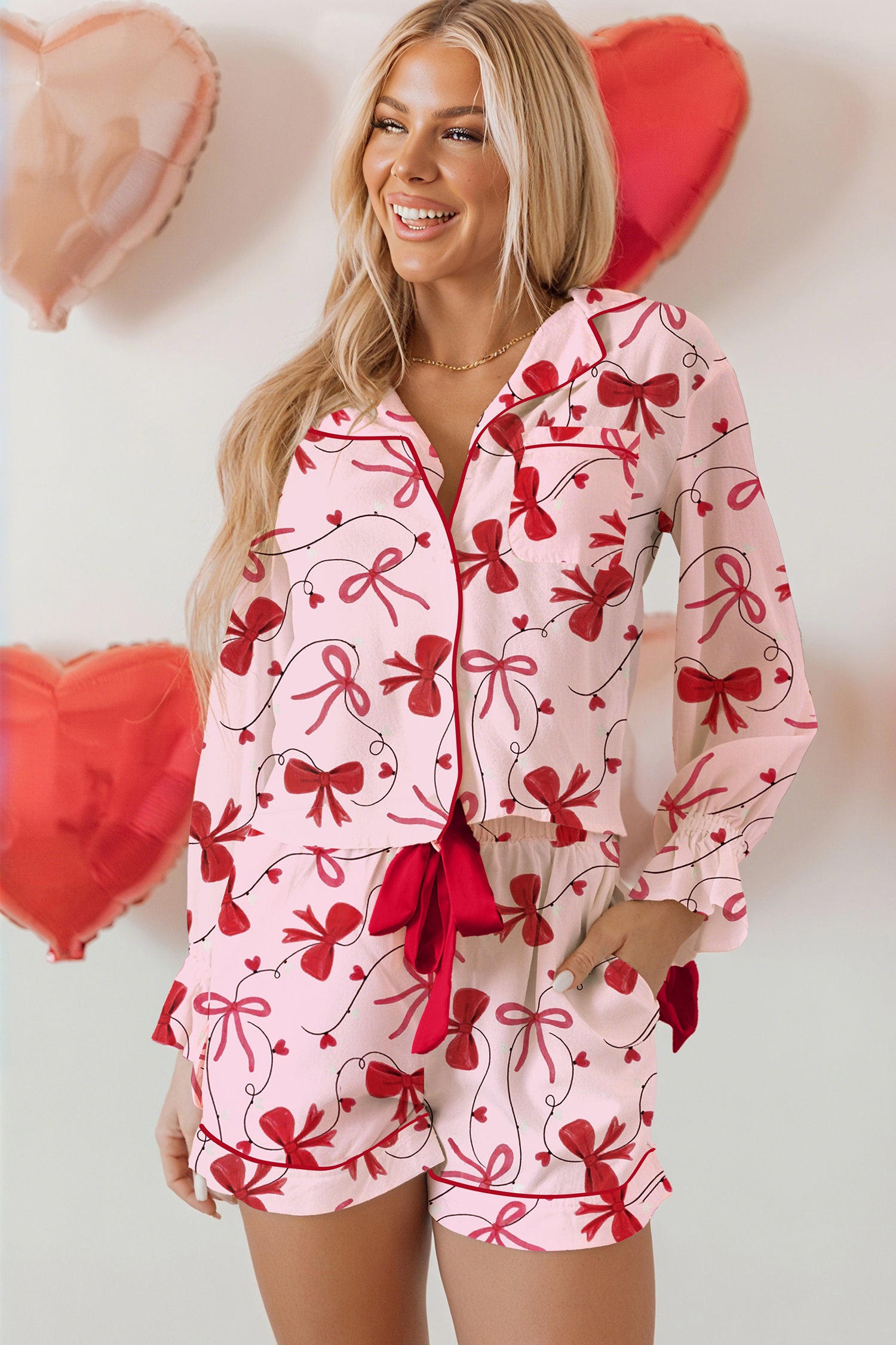 Red Bow Print Valentine Long Sleeve Shirt Shorts 2 Pcs Pajama Set-Loungewear & Sleepwear/Sleepwear-[Adult]-[Female]-Red-S-2022 Online Blue Zone Planet