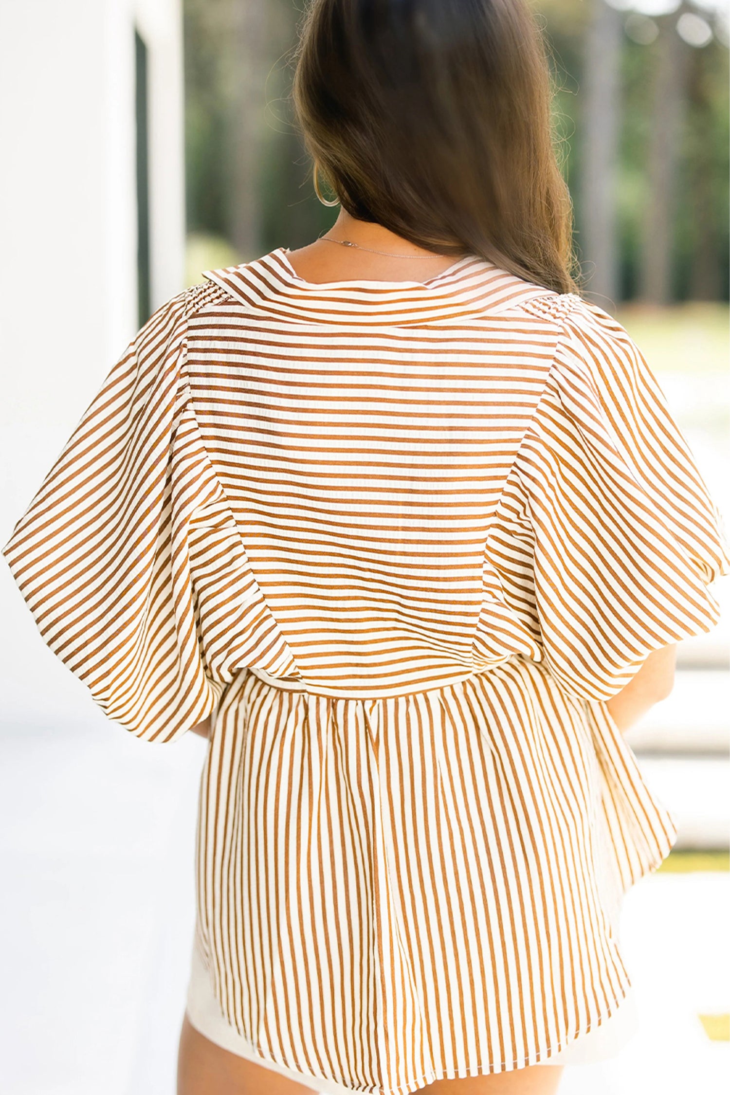 Brown Stripe Shirred V Neck Short Puff Sleeve Blouse-Tops/Blouses & Shirts-[Adult]-[Female]-2022 Online Blue Zone Planet