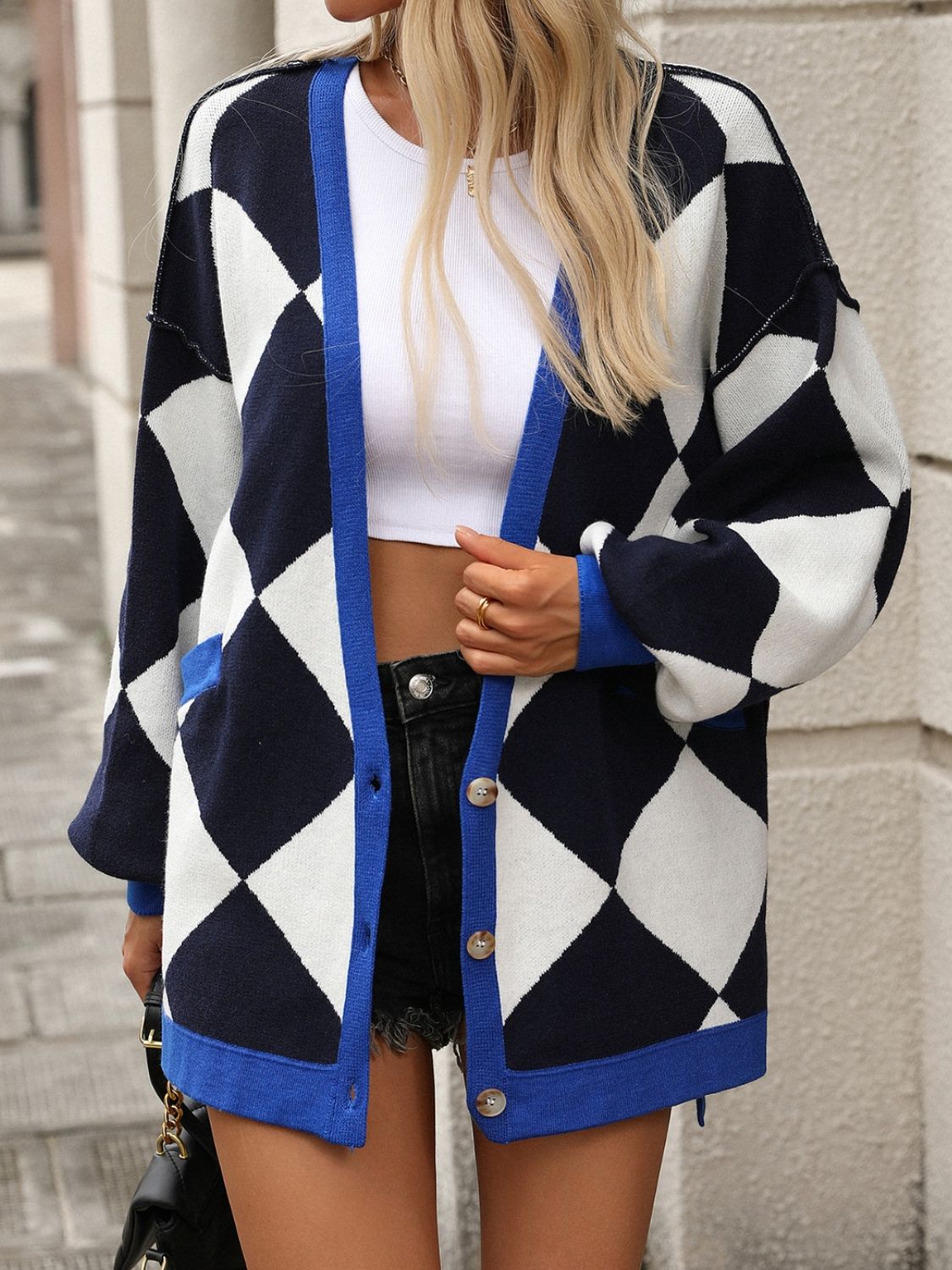 Checkered Dropped Shoulder Long Sleeve Cardigan-TOPS / DRESSES-[Adult]-[Female]-2022 Online Blue Zone Planet