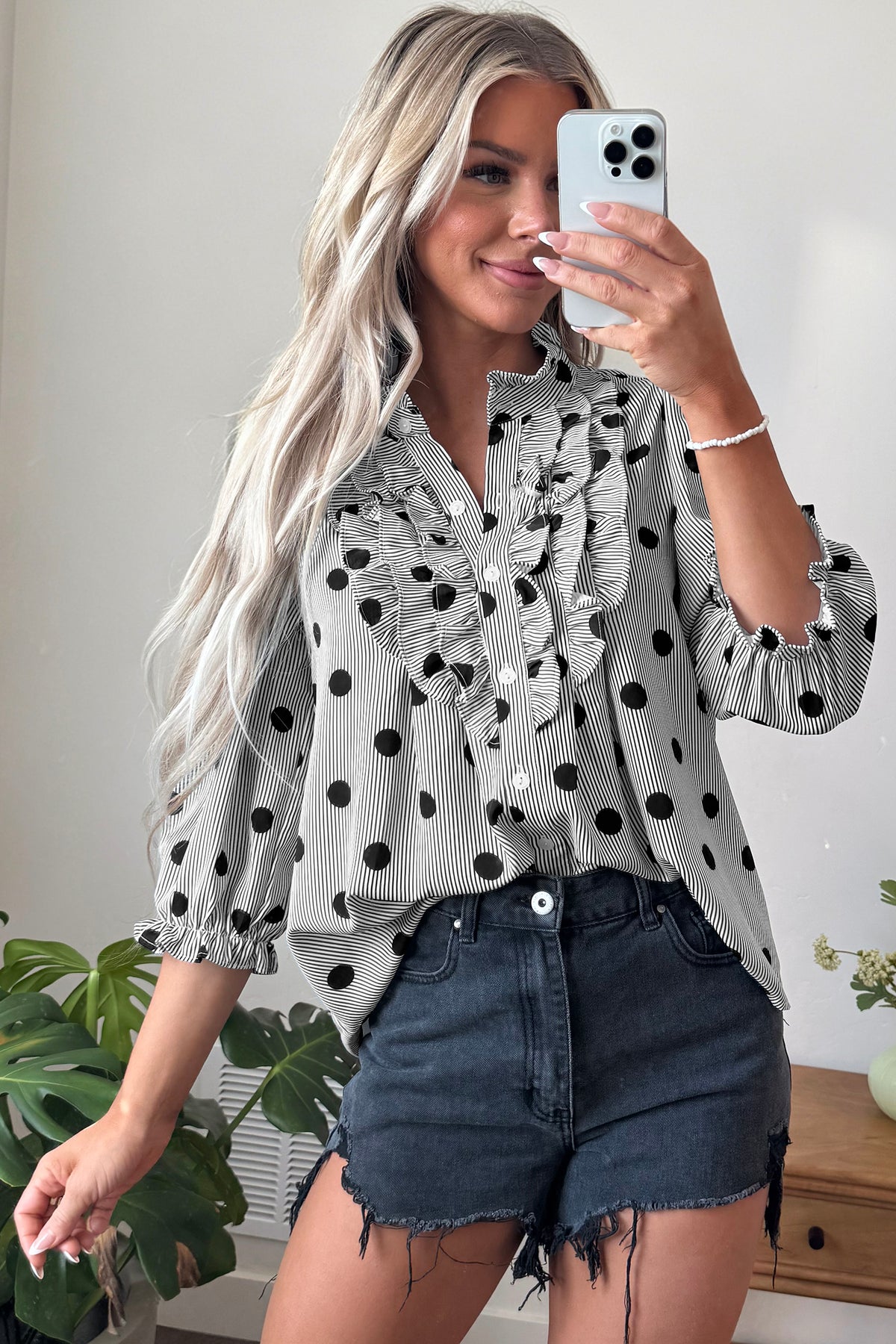 Black white Polka Dot Striped Print Ruffle Stand Neck 3/4 Sleeve Shift Shirt-Tops/Blouses & Shirts-[Adult]-[Female]-2022 Online Blue Zone Planet