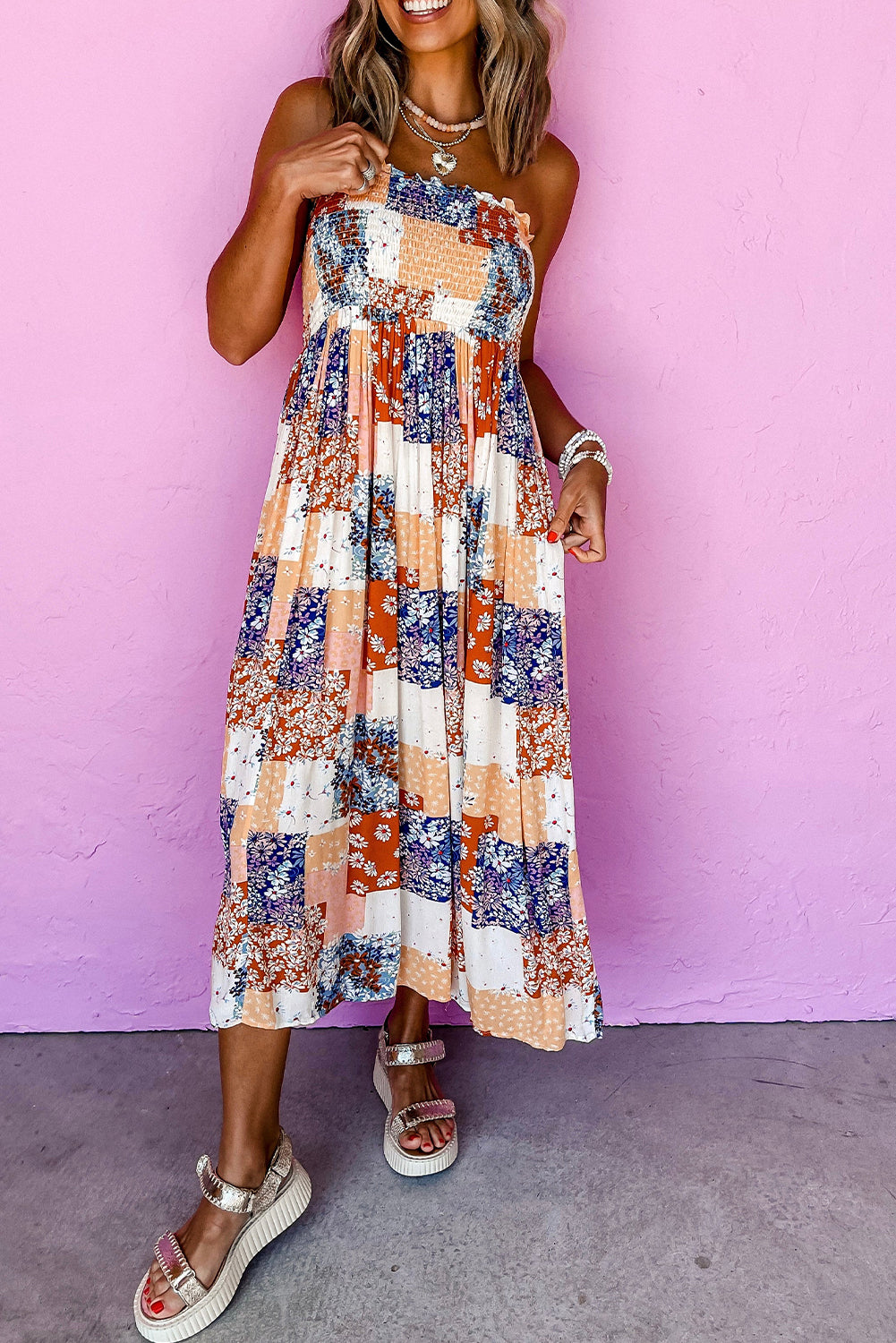 Orange Floral Patchwork Printed Frilled Bandeau Smocked High Waist Long Dress-Dresses/Floral Dresses-[Adult]-[Female]-Orange-S-2022 Online Blue Zone Planet