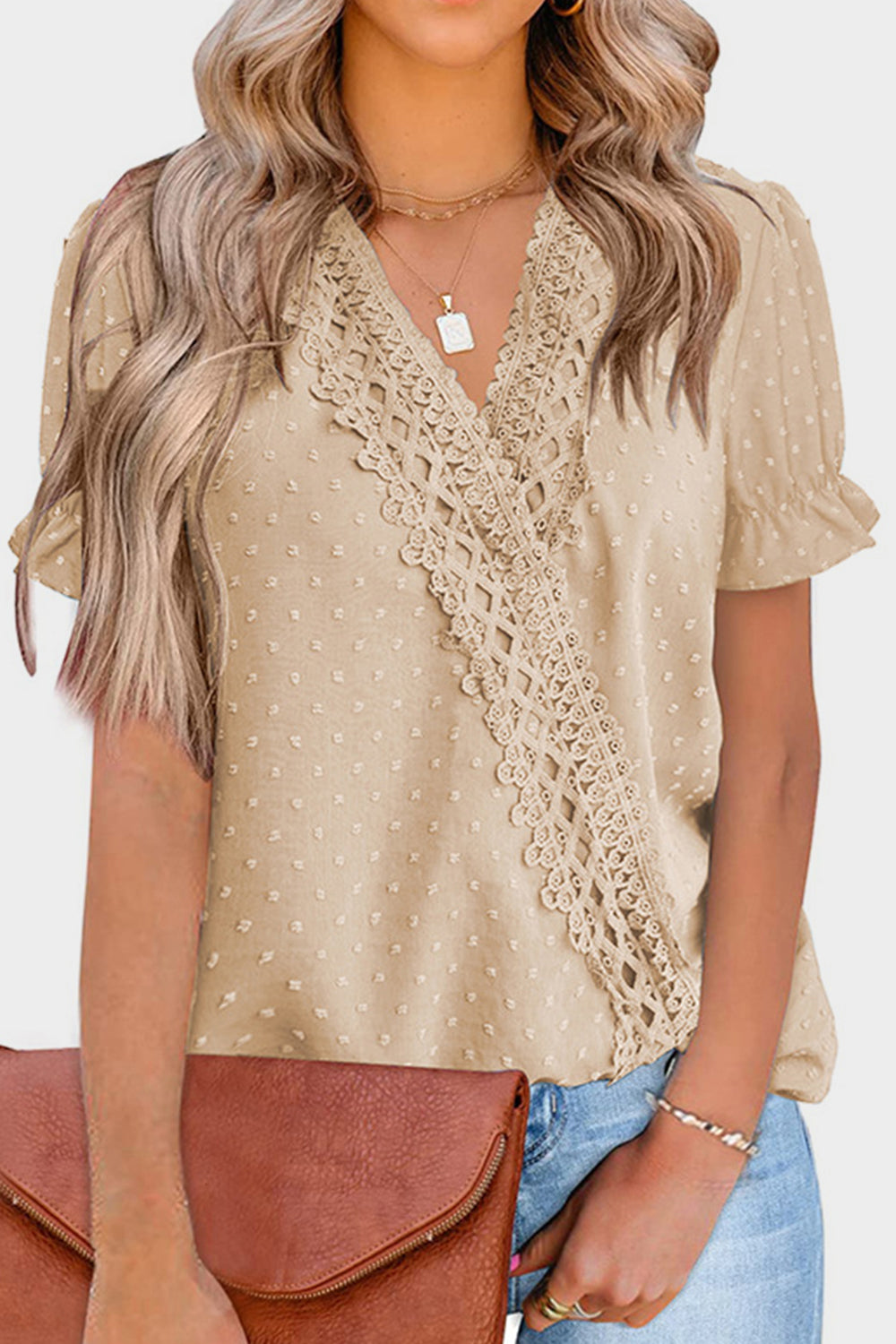 Mandy Swiss Dot Lace Detail V-Neck Short Sleeve Blouse-TOPS / DRESSES-[Adult]-[Female]-Beige-S-2022 Online Blue Zone Planet