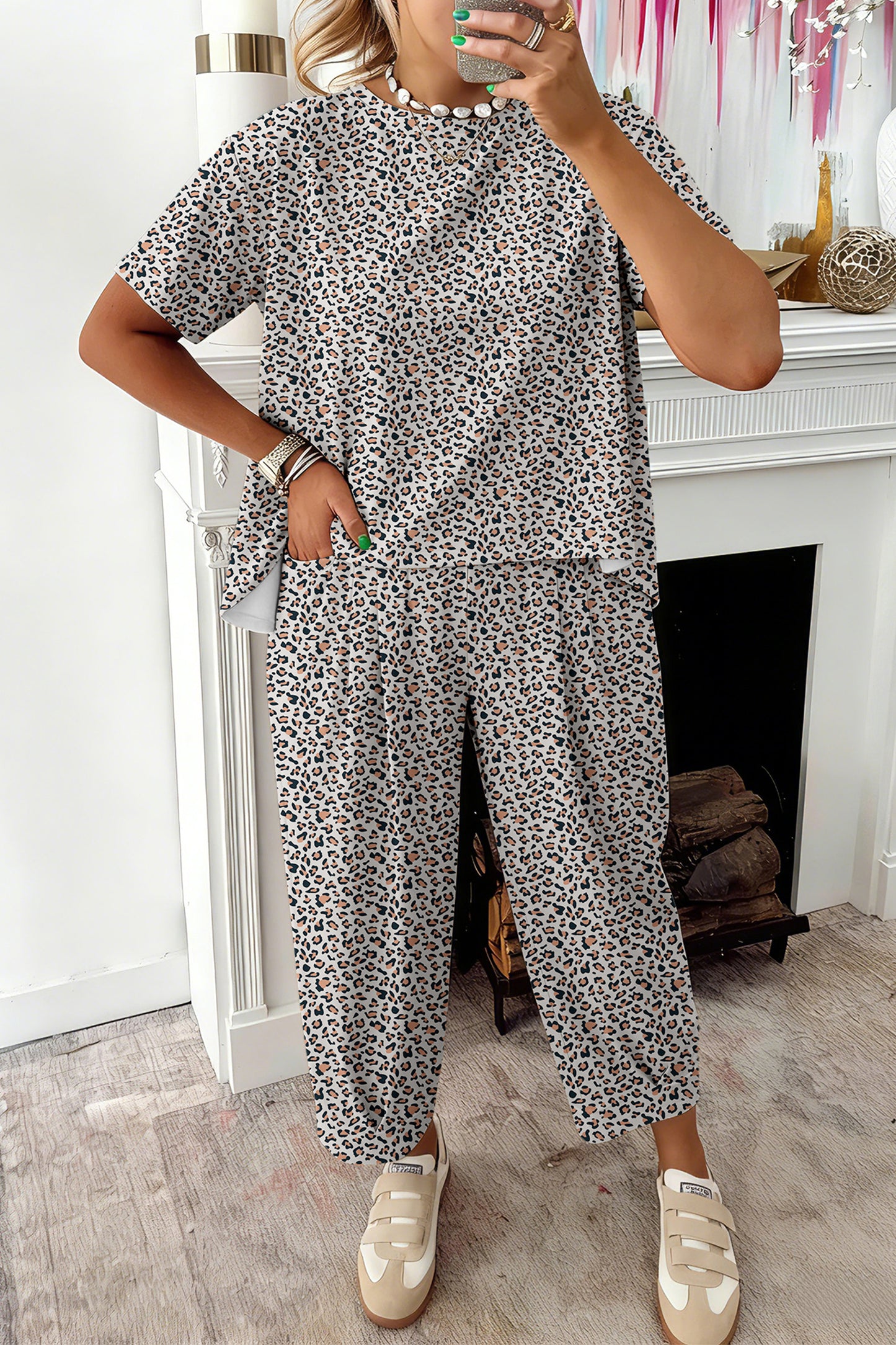 White Leopard High-Low Loose Tee Ankle Length Pants Set