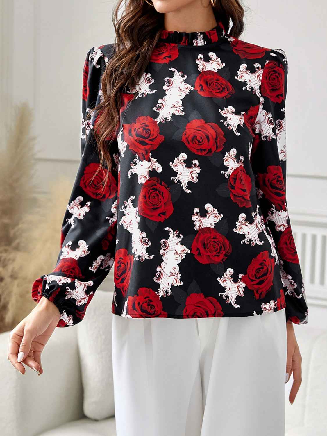 Frill Floral Mock Neck Long Sleeve Top-TOPS / DRESSES-[Adult]-[Female]-2022 Online Blue Zone Planet