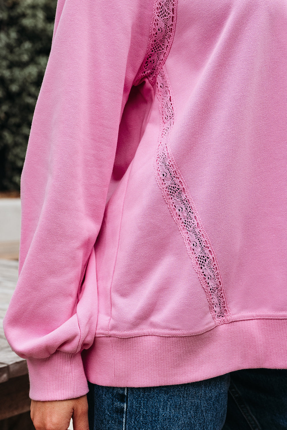 Bright Pink Lace Patched Raglan Sleeve Loose Fit Sweatshirt-Tops/Sweatshirts & Hoodies-[Adult]-[Female]-2022 Online Blue Zone Planet