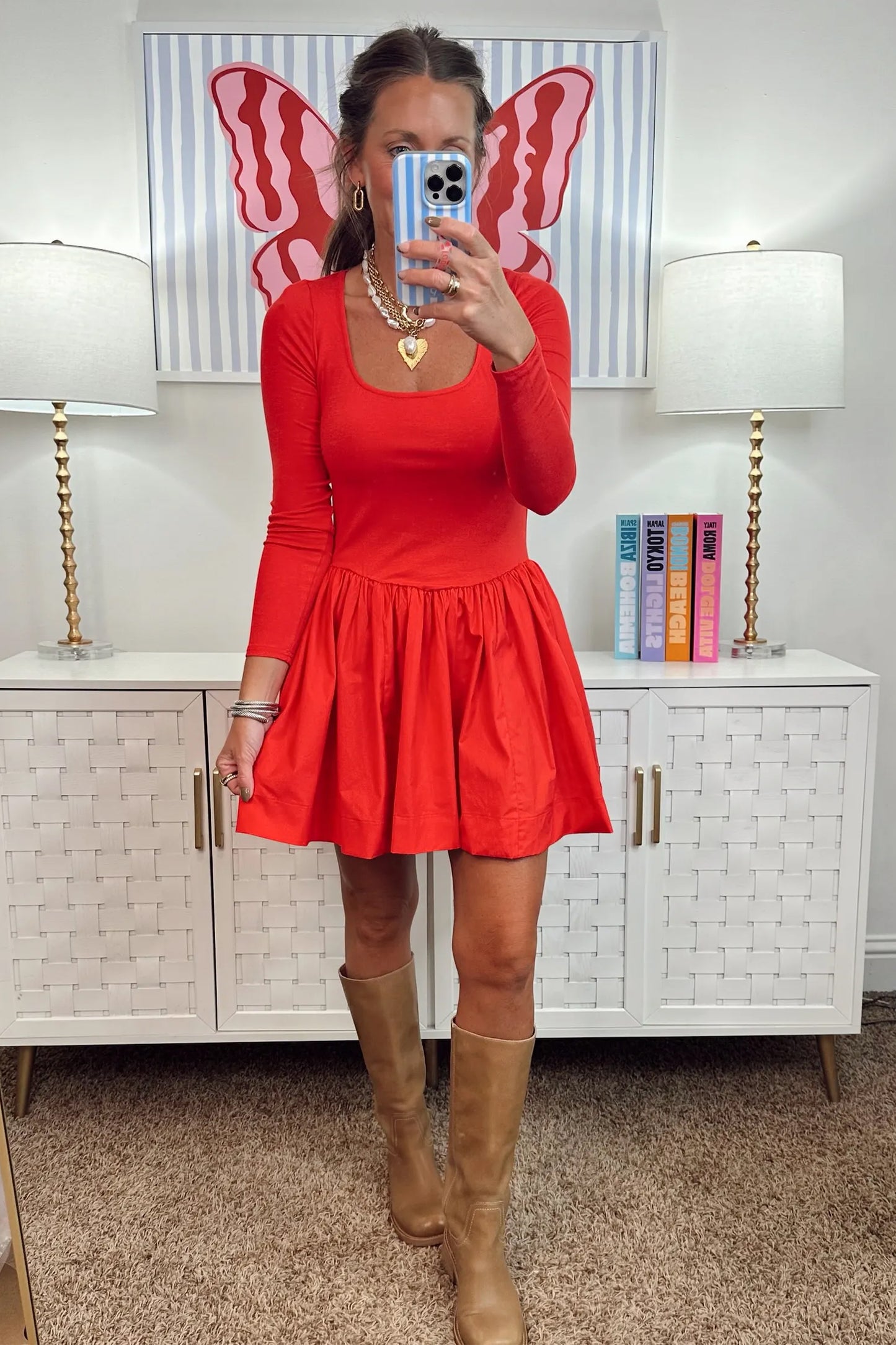 Fiery Red U Neck Long Sleeve Fit and Flare Short Dress-Dresses/Mini Dresses-[Adult]-[Female]-2022 Online Blue Zone Planet