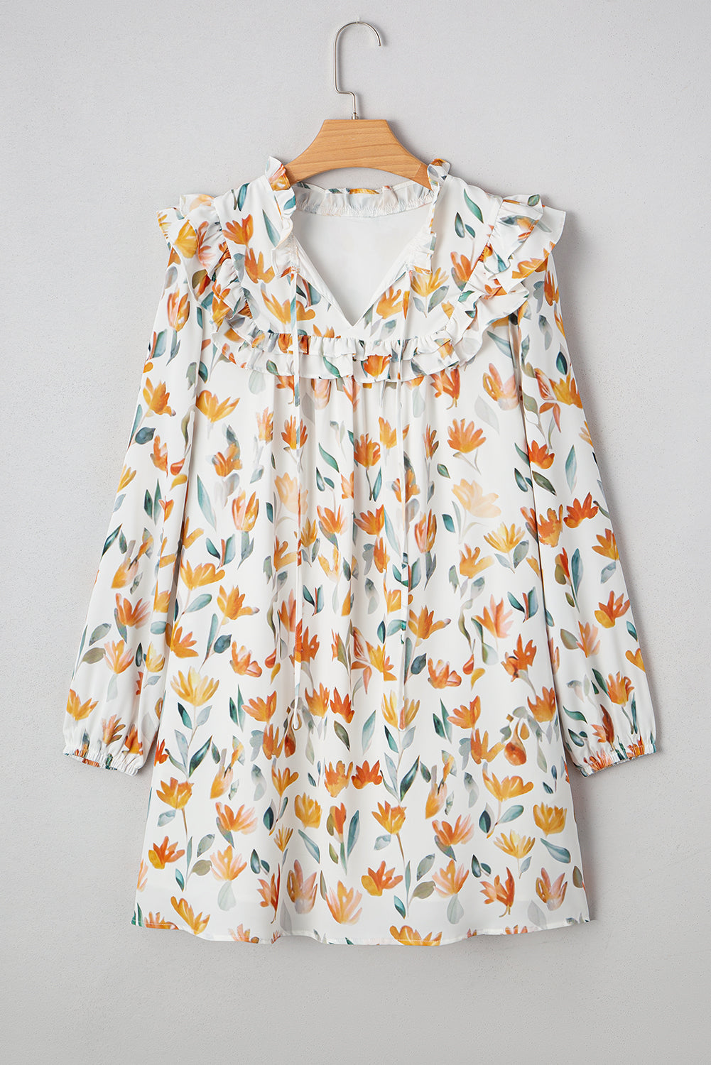 Yellow Floral Print Tie Neck Frilled Detail Long Sleeve Mini Dress-TOPS / DRESSES-[Adult]-[Female]-2022 Online Blue Zone Planet