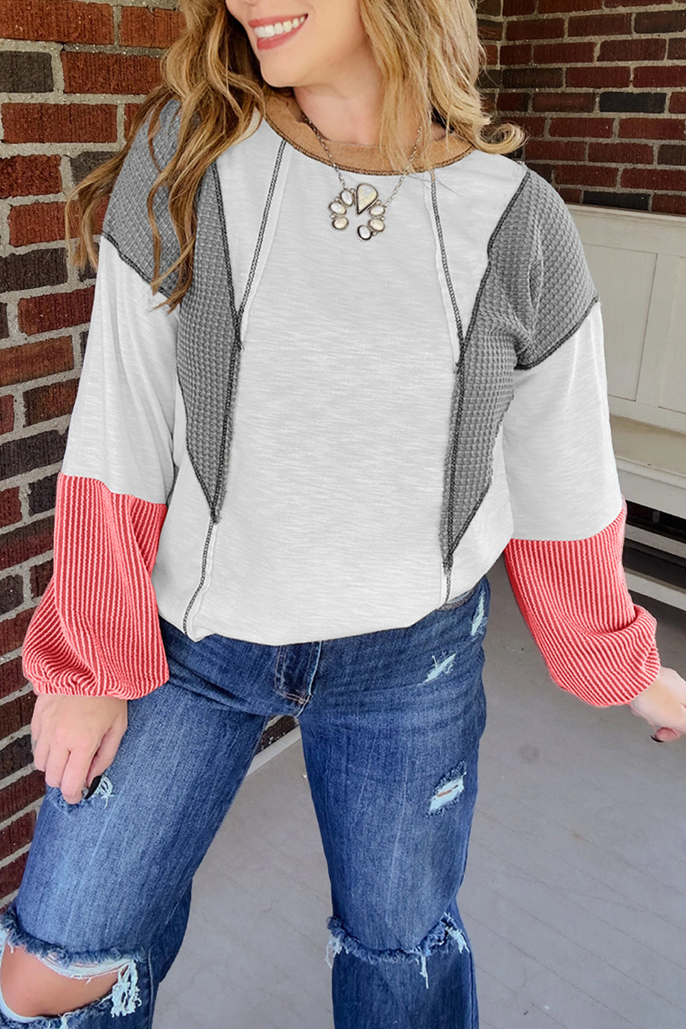 White Contrast Block Mixed Textured Knit Patchwork Casual Top-Tops/Long Sleeve Tops-[Adult]-[Female]-White-S-2022 Online Blue Zone Planet