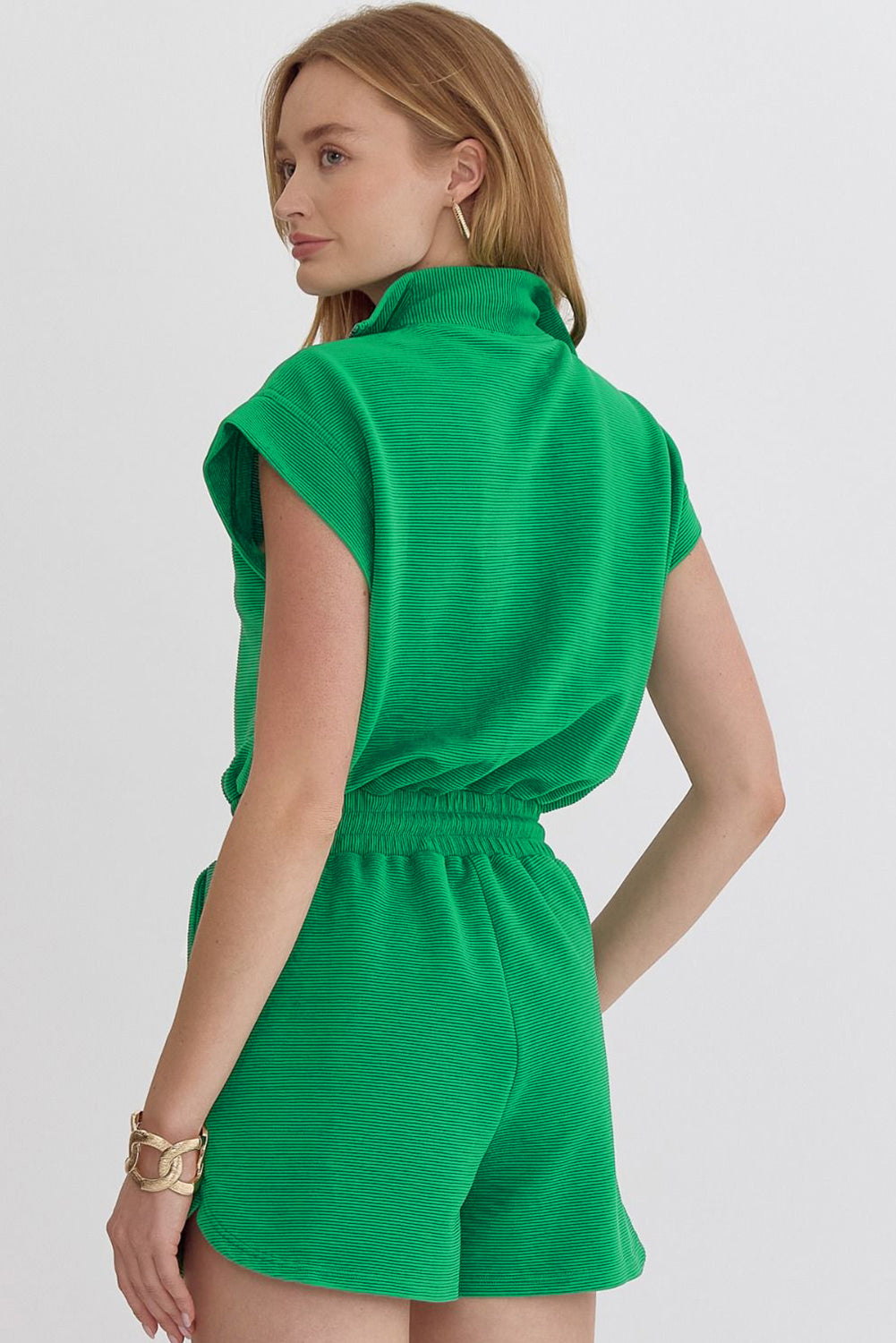 Bright Green Textured Short Sleeve Half Zip Drawstring Waist Romper-Bottoms/Jumpsuits & Rompers-[Adult]-[Female]-2022 Online Blue Zone Planet